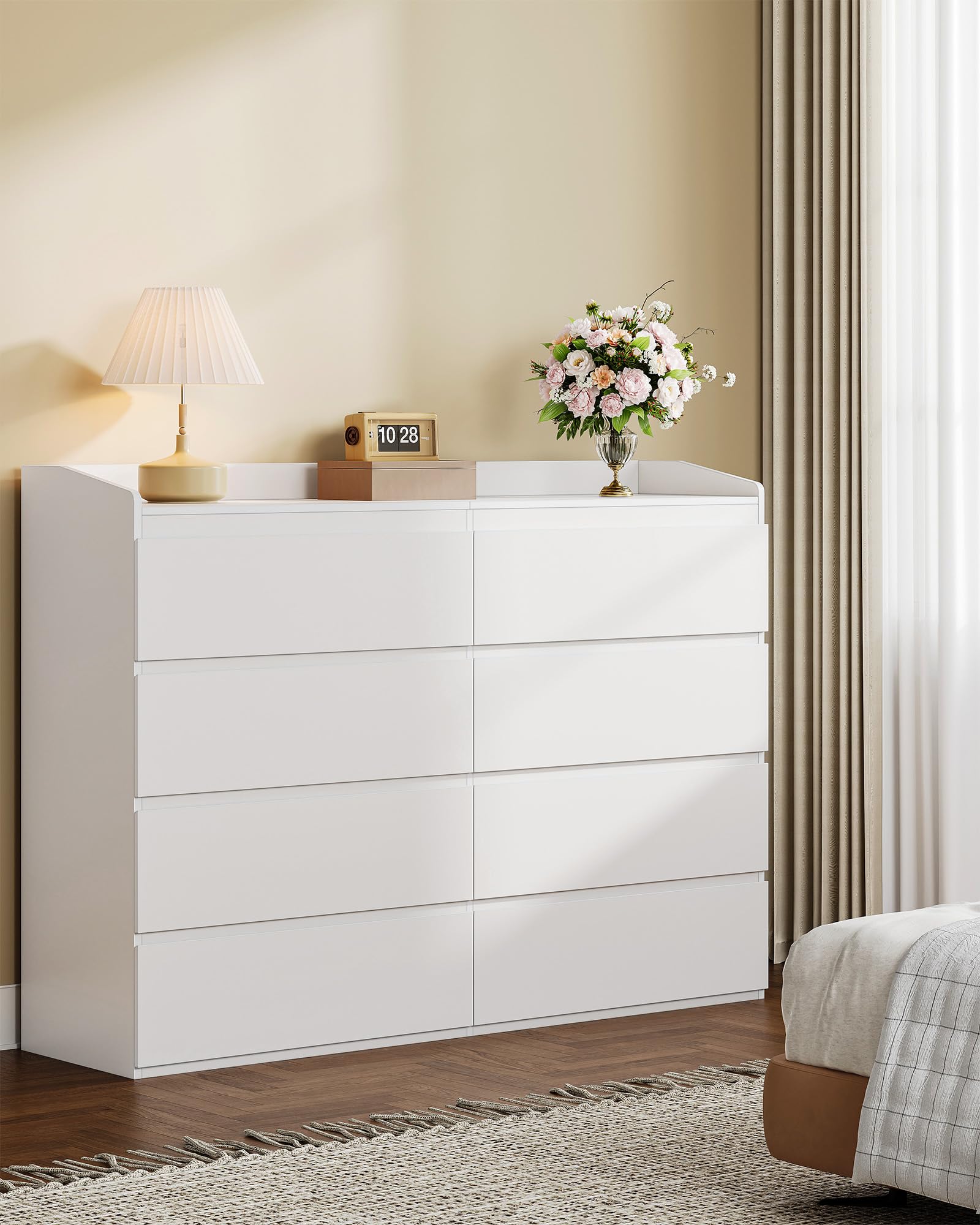Hzuaneri Cassettiera, 8 cassetti, Mobile Laterale con Piano di Lavoro, Armadietto con Corrimano Superiore, Mobile Ingresso, Stile Moderno, Adatto per Soggiorno, Camera da Letto, Bianco DC32903X