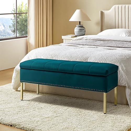 HULALA HOME Banco otomano moderno de terciopelo con tapa abatible con borde de clavos, banco tapizado para dormitorio para el extremo de la cama,