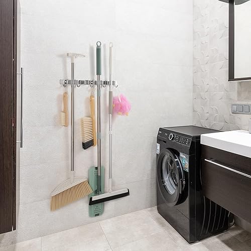 Miniatura 2 de Paquete de 2 soportes para fregona y escoba, organizador de escobas y trapeador para colgar en la pared, colgador de escoba de acero inoxidable,