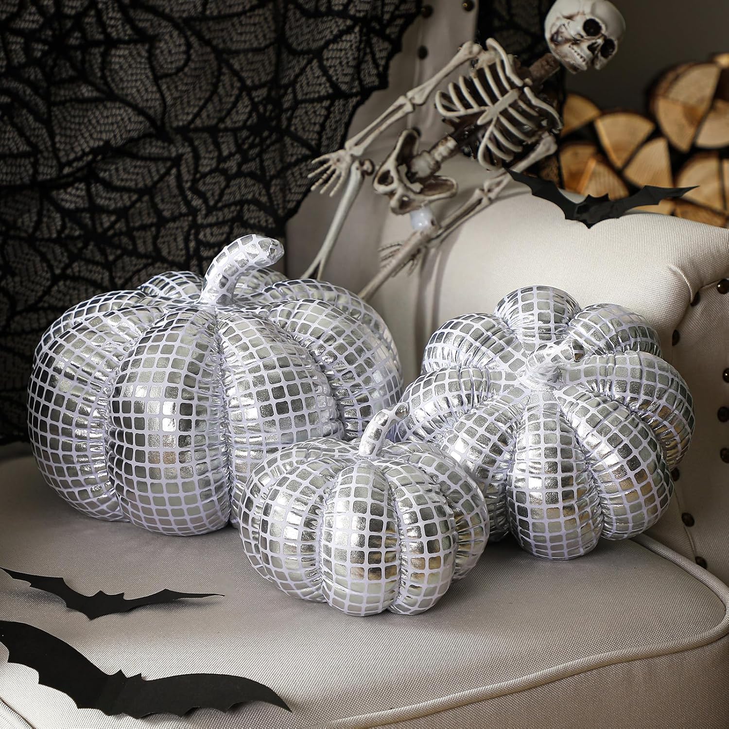 Geelin 3 Pcs Fall Pumpkin Throw Pillows Cute 3D Pumpkin Shaped Cozy Fall Decorations Stuffed Throw Pillows for Thanksgiving Christmas Halloween Bedroom Sofa Couch Supplies(Disco,Leather) Disco Leather