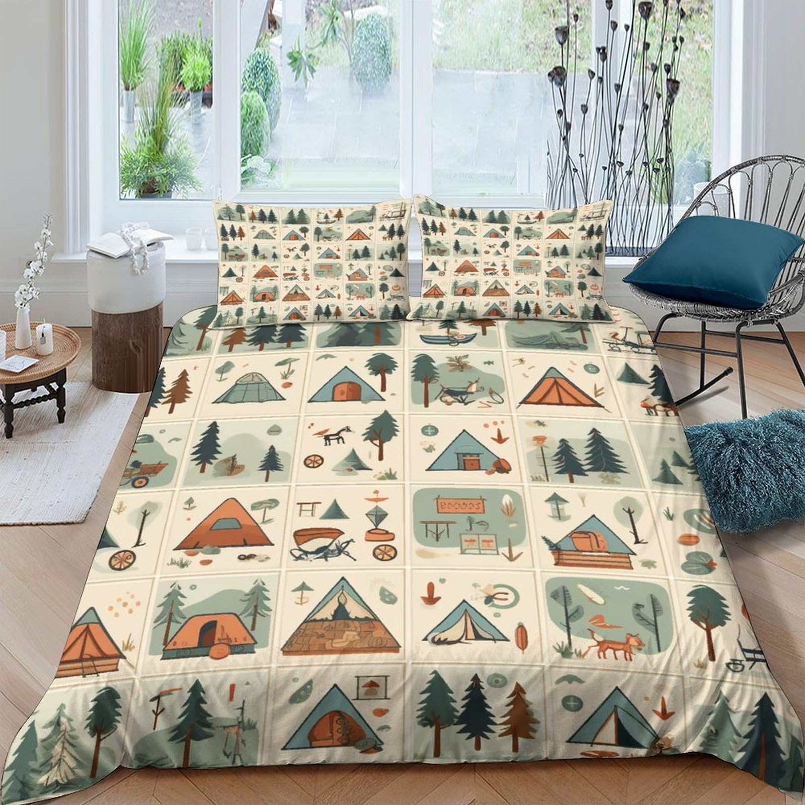Housse de couette camping 3D pour chambre enfant et adulte avec parure patchwork