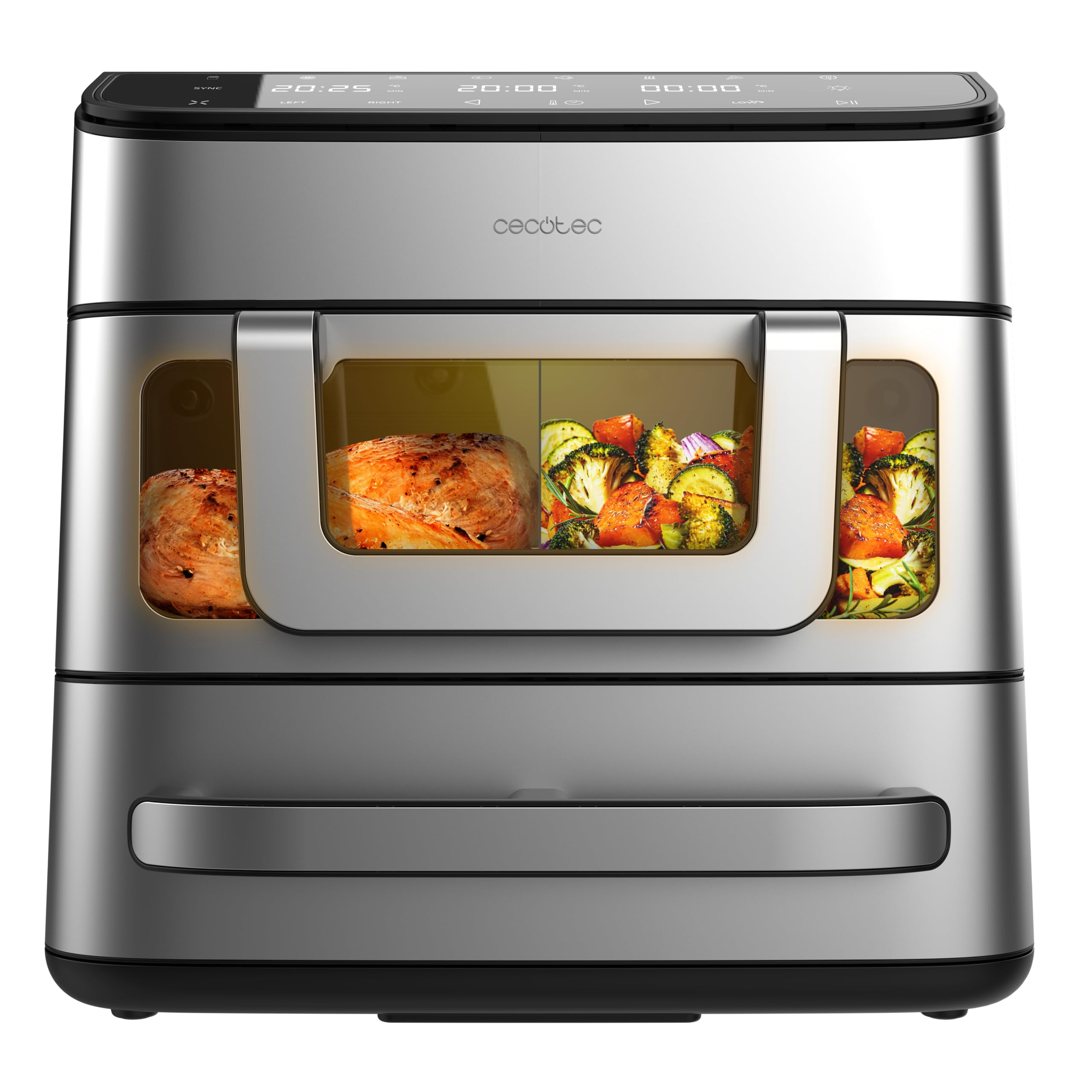 Cecotec Freidora de Aire y Horno - Air Fryer 18L Cecofry FoodCourt 18000 4Pizza. 2700W, Horno 12", Temp. Máx. 230ºC, 9L Pared Divisoria y 200ºC, Función Sync, Pizza Stone, Display a Color, Acero Inox