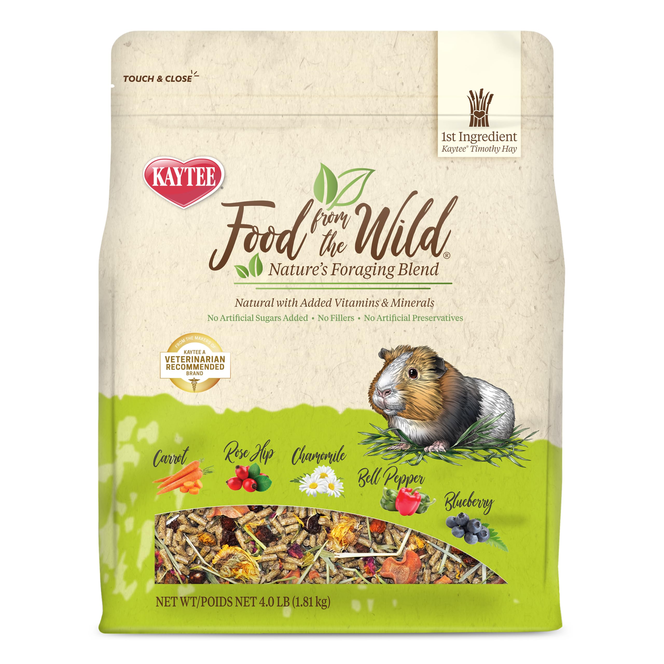 Kaytee Food from The Wild Natural Pet Guinea Pig Food, 4 Pound | Supports digestion. Guinea pig pellets with timothy hay. Hay for guinea pigs, natural probiotics, no added sugar