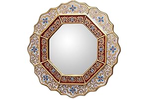 NOVICA White And Red Reverse-Painted Glass And Wood Framed Round Mirror, 'White Star'