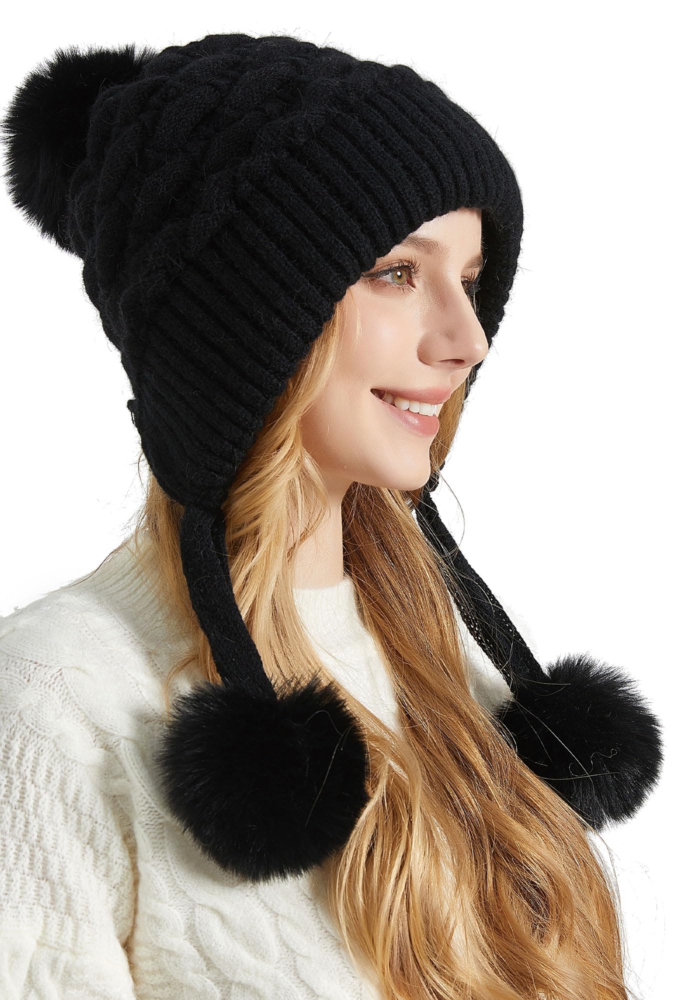 FEOYA Berretto invernale da donna con pompon, in pelliccia sintetica, caldo, foderato in pile, berretto da sci da donna, berretto da neve, nero