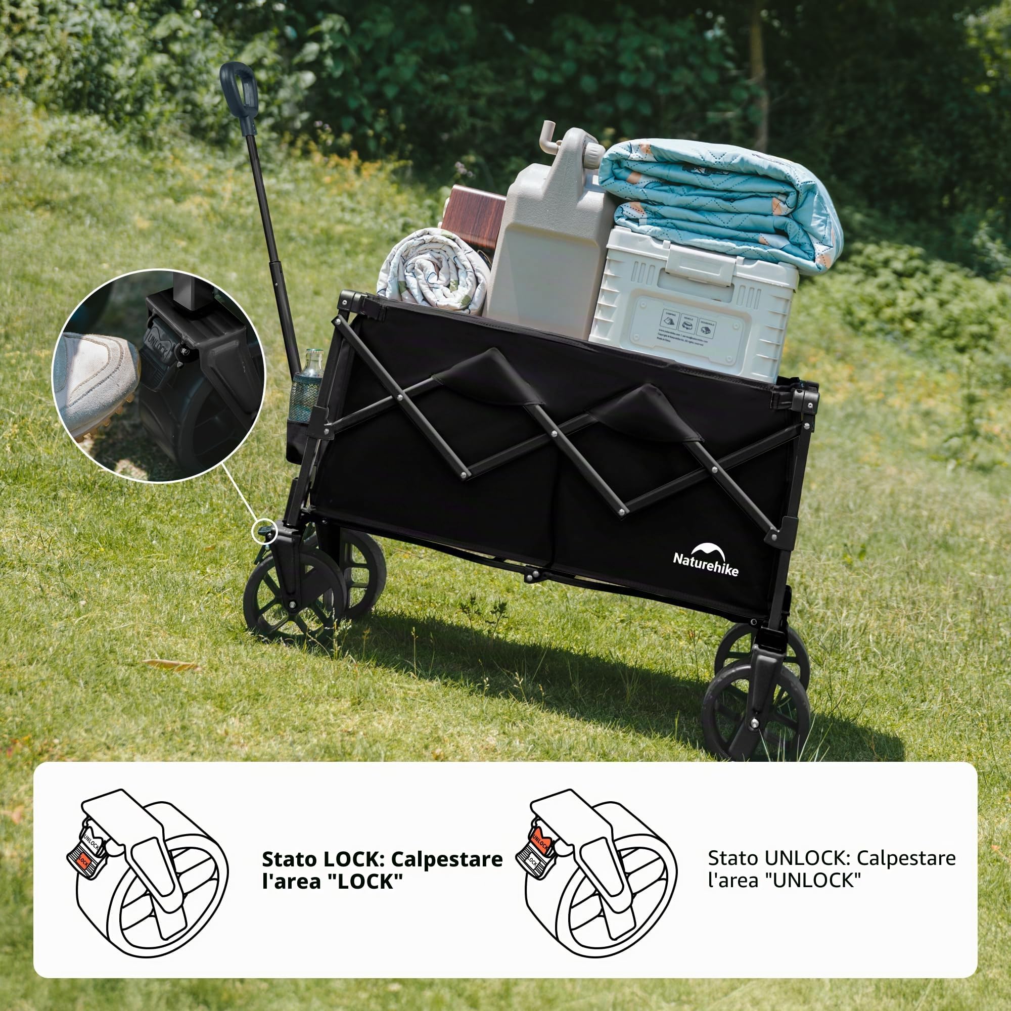 Naturehike Carrello da giardino pieghevole, carrello porta attrezzi da spiaggia adatto a tutti i terreni, con pneumatici larghi girevoli a 360 gradi, portata 120 kg, adatto per campeggio(Nero 100L)