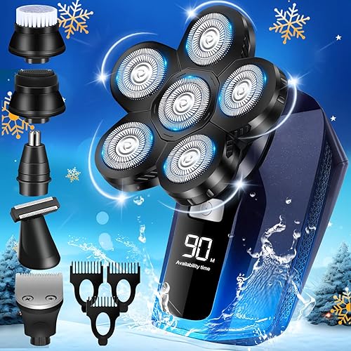 Afeitadora de cabeza para hombres calvos, afeitadora eléctrica 6 en 1 para cabeza calva inalámbrica, impermeable, húmeda, seca, 6 cabezales,