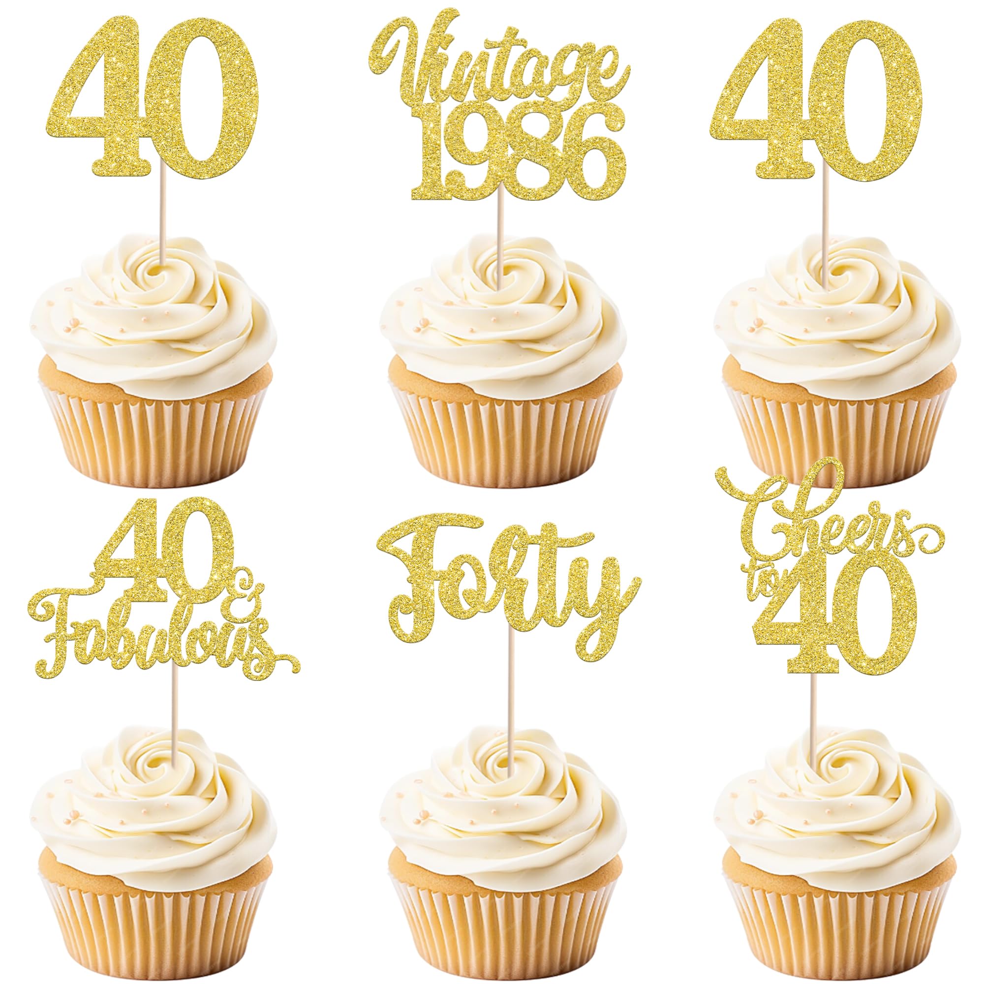 30 Pack Happy 40th Birthday Cupcake Toppers Glitter Hello 40 Forty Vintage 1986 Cupcake Picks Cheers to 40 Party Decorations for 40th Birthday Anniversary Party Cake Gold