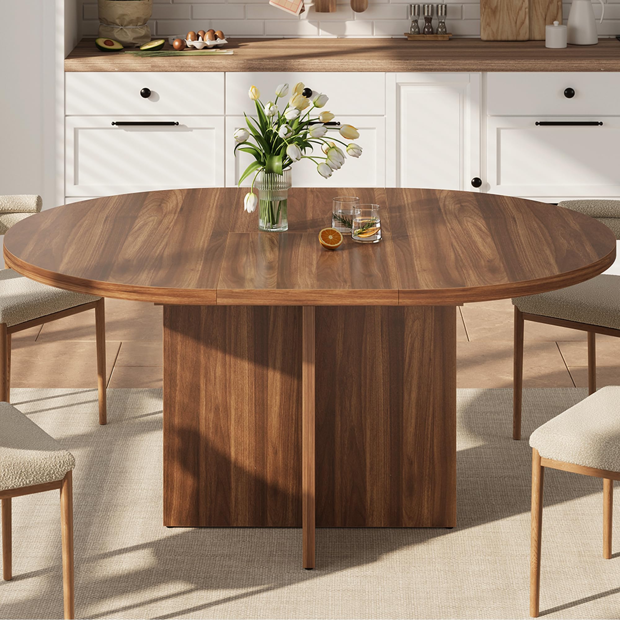 IDEALHOUSE 43.3in-59in Extendable Round Dining Table for 4-8, Space Saving Kitchen Table with Removable Leaves, Oval Dinner Table for Dining Room,