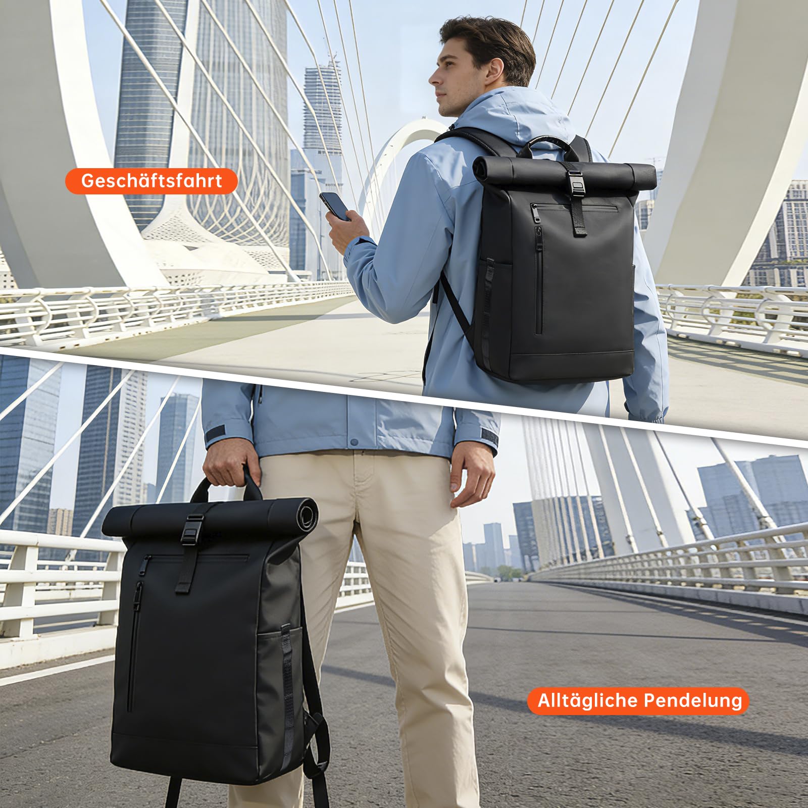 Rolltop Rucksack Herren, Wasserdicht Business Laptop Rucksack 16 Zoll | YKK Reißverschluss, Separates Laptopfach, Handgepäck, Für Damen & Reisen