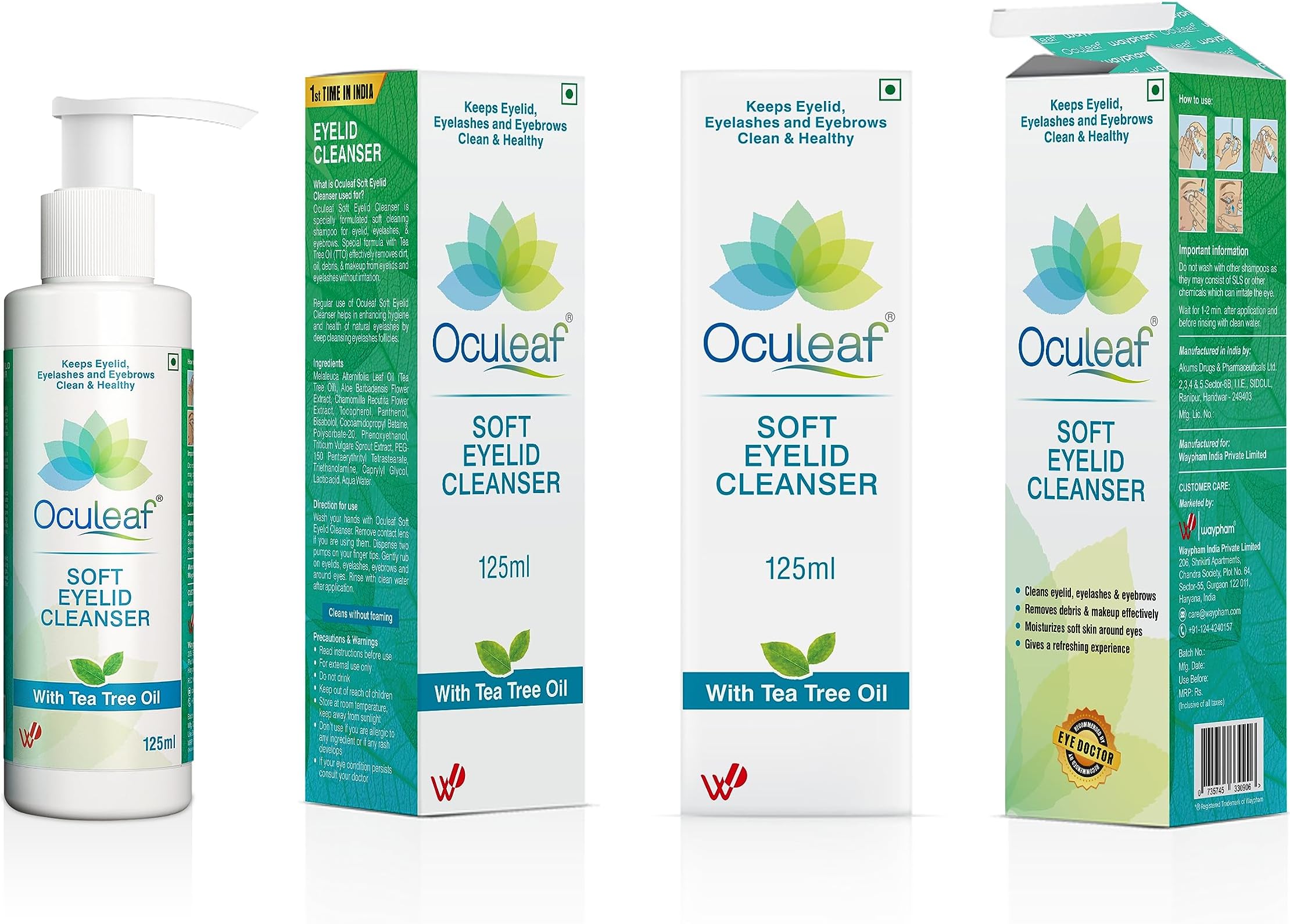 Waypham Oculeaf Soft Eyelid Cleanser -125 ml I Eye Shampoo I Natural Tea Tree Oil along with Aloe B flower extract I Panthenol I Tocopherol (Vit E) I Daily Eyelid hygiene & Eye Skin Health II first time in India II