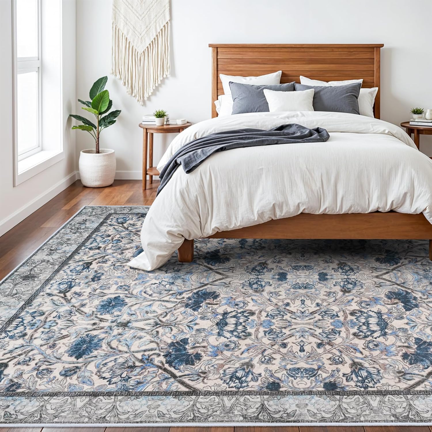 8x10 Area Rug Floral - Washable Rugs for Living Room Vintage Area Rugs Large Low Pile Carpets for Bedroom Soft Non Slip Area Rug for Dining Room Office 8x10 Blue/Cream 8' x 10' (Rectangular) Blue/Cream