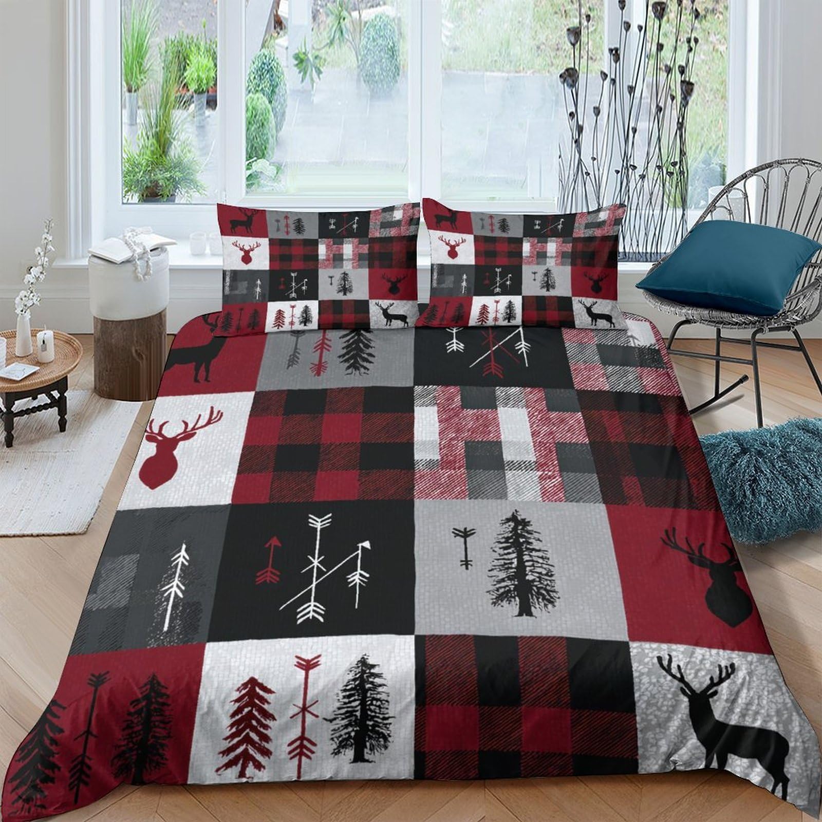 Ctjqhvkz Style-7 3D Printed Red Black Plaid Deer Fitted Sheet Microfiber Soft Breathable Forest Tree Mattress Cover For Bedroom Guest Room Single（135X200cm）
