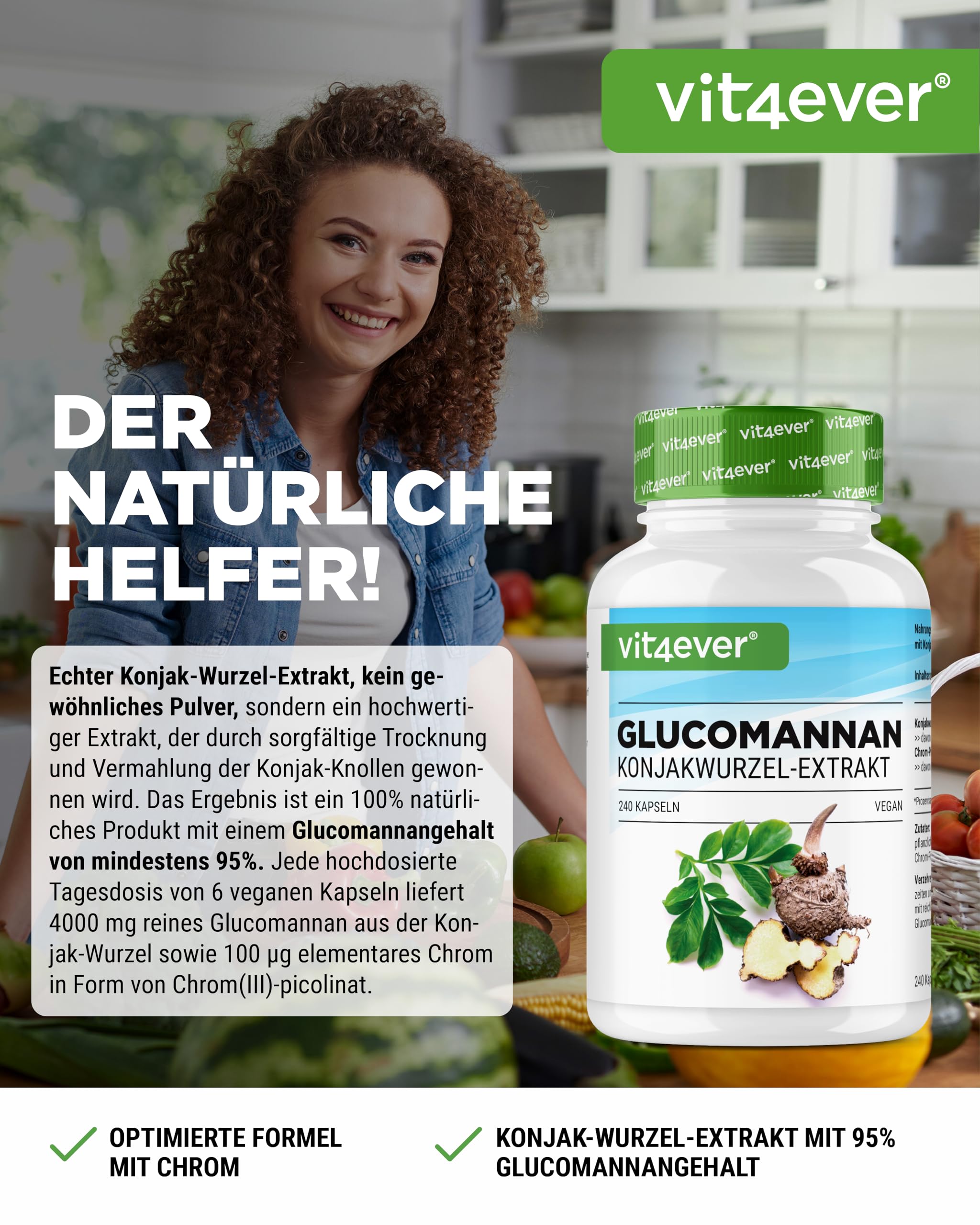 vit4ever Glucomannan Konjak-Wurzel - 240 Kapseln - 4200 mg Tagesportion | mit Chrom optimiert, hochdosiert, vegan