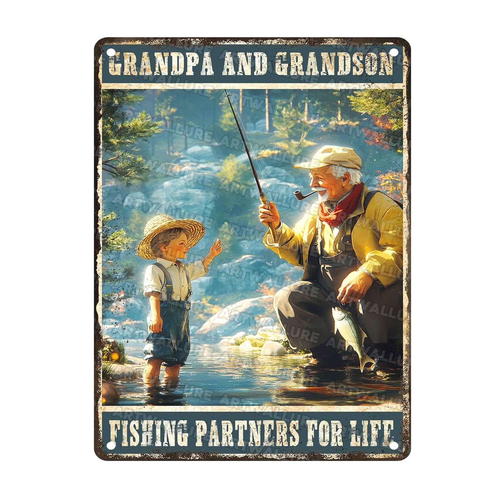 Fun Vintage Fishing Metal Sign Grandpa And Grandson Fishing Partners For Life Metal Poster Home Kitchen Garden Bar Pub Cafe Man Cave Rustic Aluminium Sign 12x16Inch
