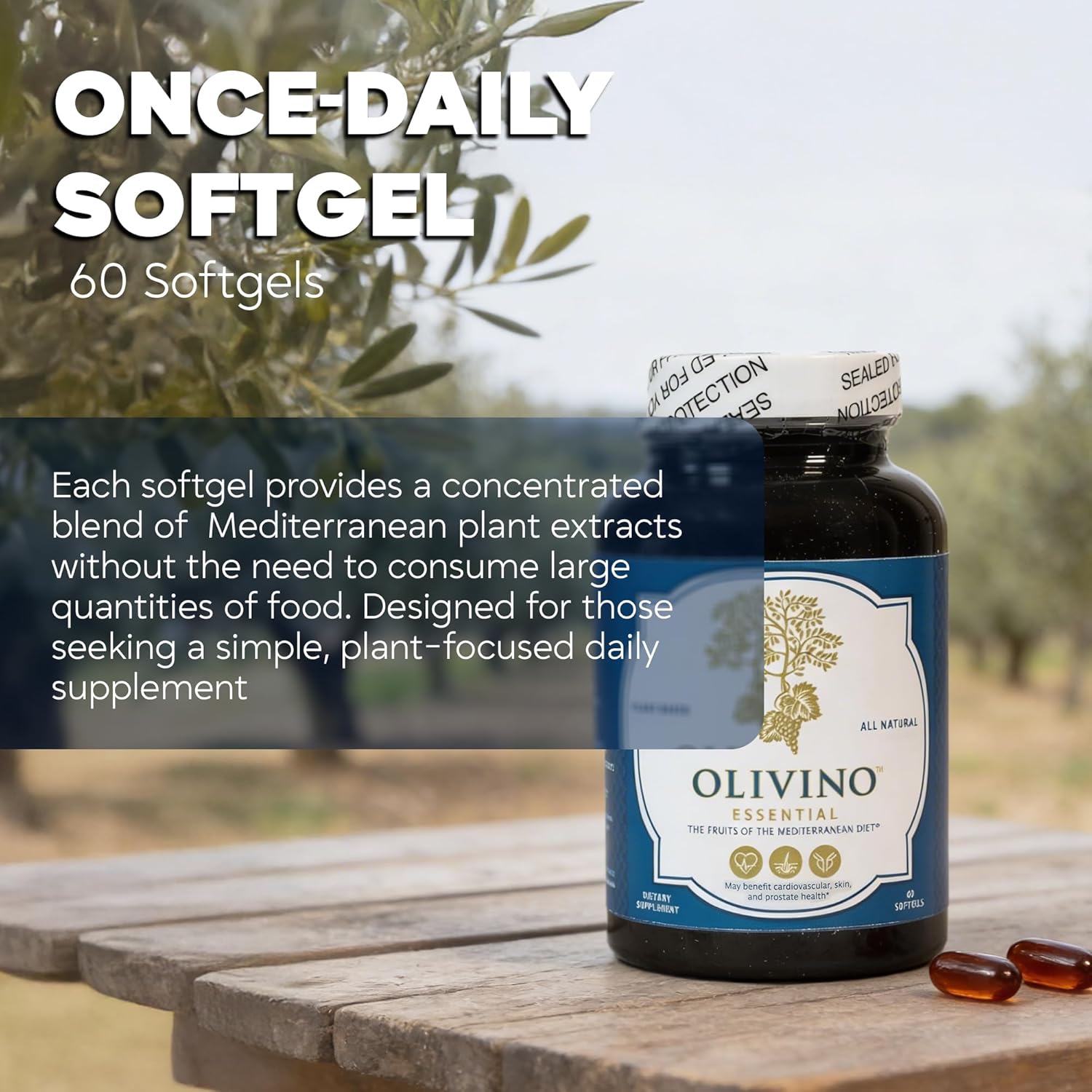Essential Dietary Supplement: Three Key Fruits of the Mediterranean Diet® (Olives, Grapes, Tomatoes) - Plant-Based Softgels (60 Day Supply)