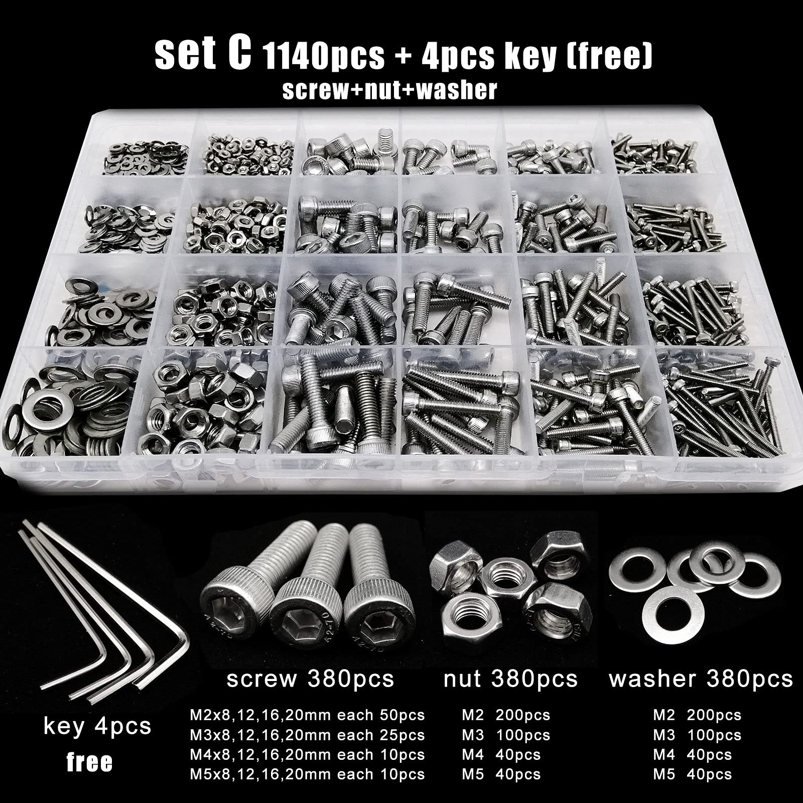 viti interne esagonali, Totale 400/650/1140/2100X M1.6 M2 M2.5 M3 M4 M5 304 in acciaio inossidabile con esagono incassato, vite con esagono incassato, set di dadi, kit assortimento(Set C 1140pcs)