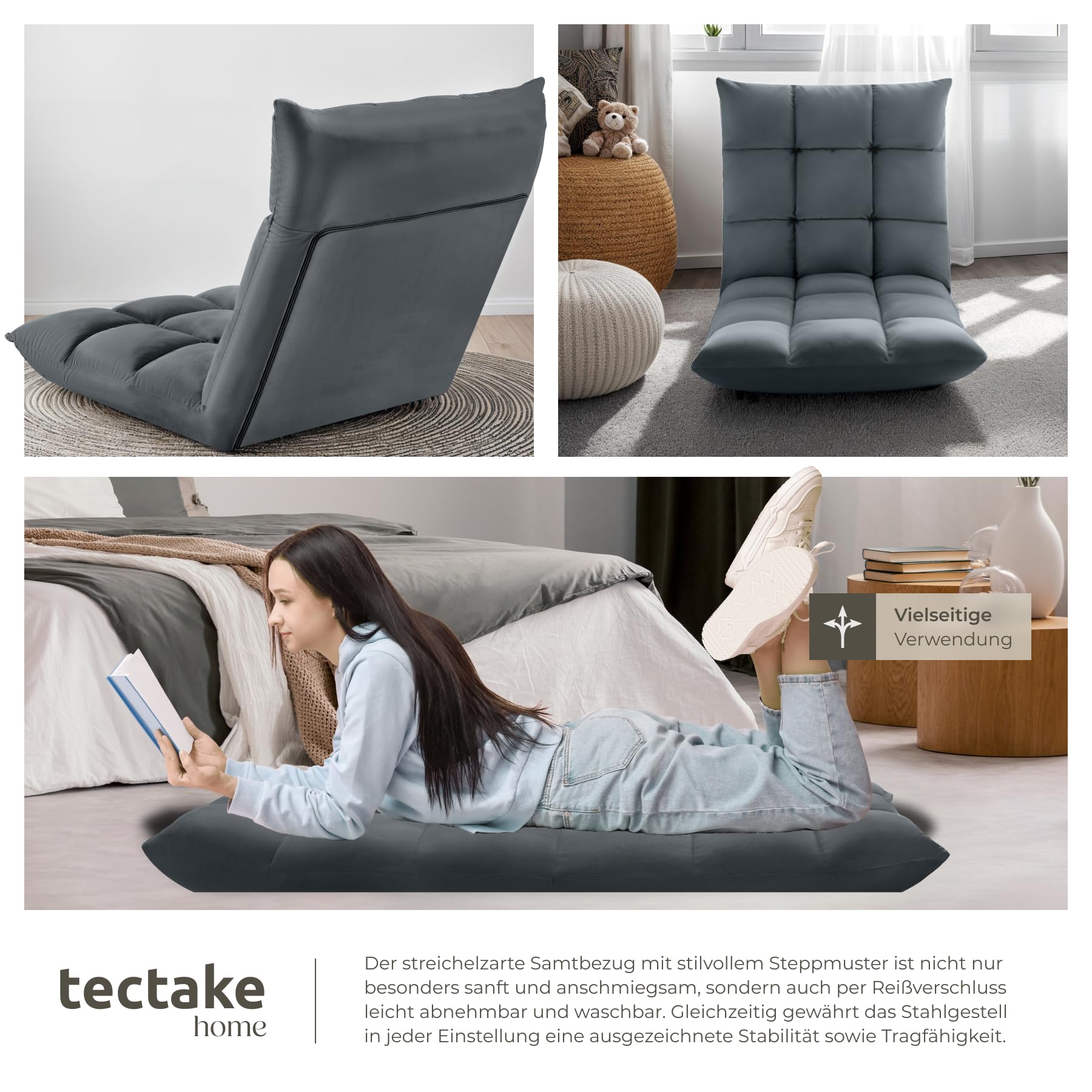 tectake® Relaxsessel, XXL Bodenstuhl faltbar mit Liegefunktion, Bodensessel mit Verstellbarer Rückenlehne, nutzbar als Sessel, Sitzkissen, Bodenkissen, Relaxliege oder für Meditation (grau)