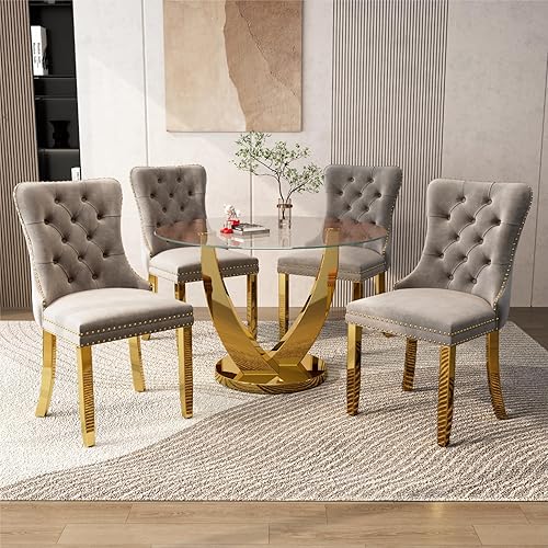Miniatura 25 de Juego de mesa de comedor redonda de vidrio de 38.9 pulgadas para 4, mesa de comedor redonda con 4 sillas de cocina tapizadas de terciopelo, juego