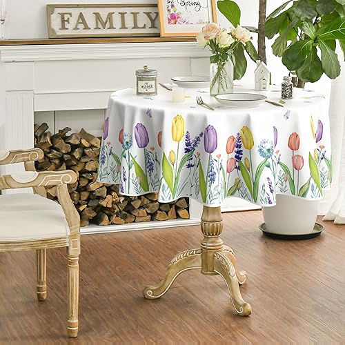 Miniatura 5 de Horaldaily Mantel redondo de primavera y verano de 70 x 70 pulgadas, diseño de flores silvestres de acuarela de Pascua, tulipán, lavanda,