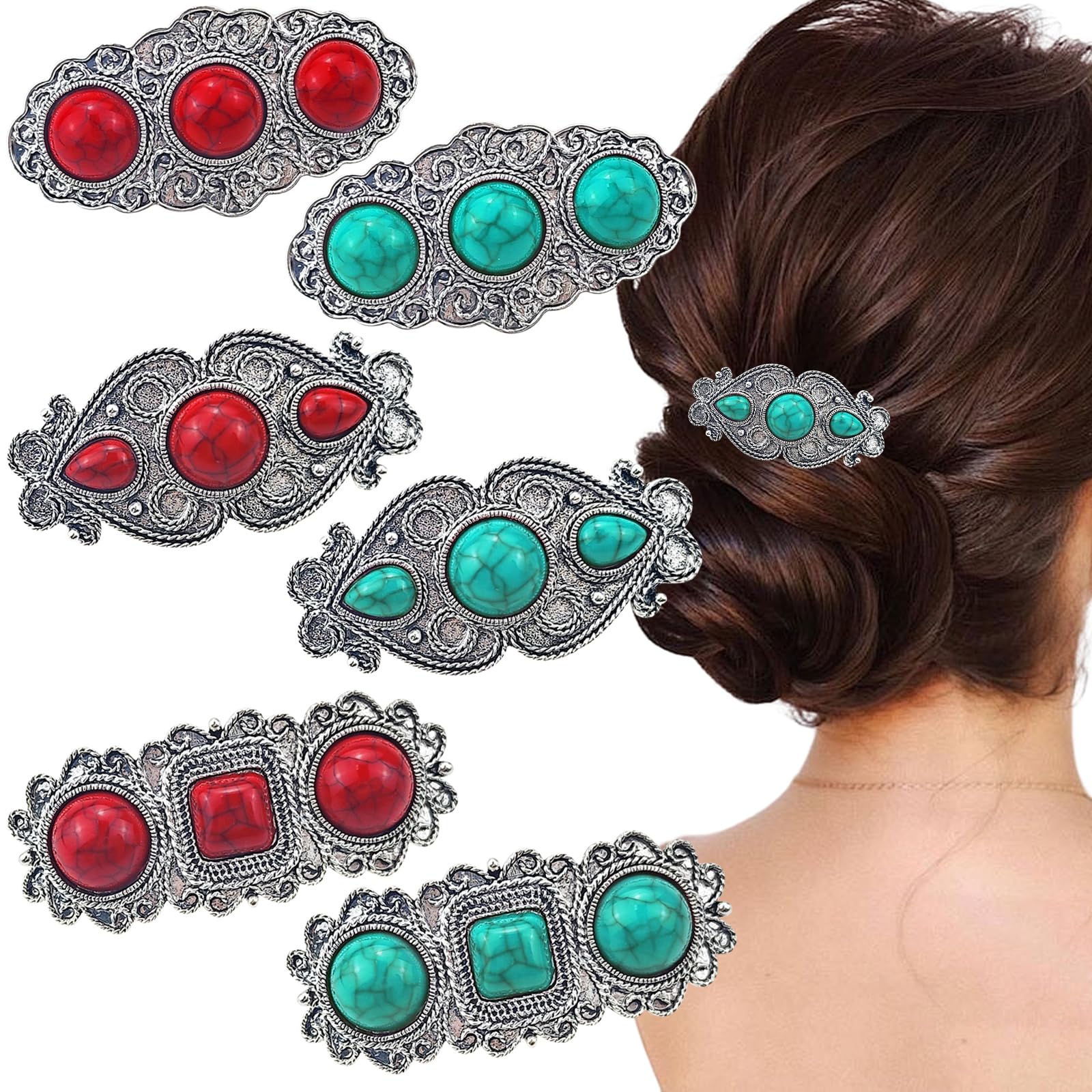 Vintage Chip Inlay Turquoise Hair Clip Pin Western Boho Bun Holder Marked Turquoise Hair Barrettes - Western Boho Hair Accessories  main image 3