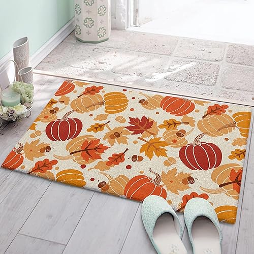 Farm Rustic Pumpkins Doormat Indoor Front Entrance Door Mat, Non-Slip Comfort Floor Standing Mat Accent Runner Rug, Thanksgiving Autumn Maple Leaves