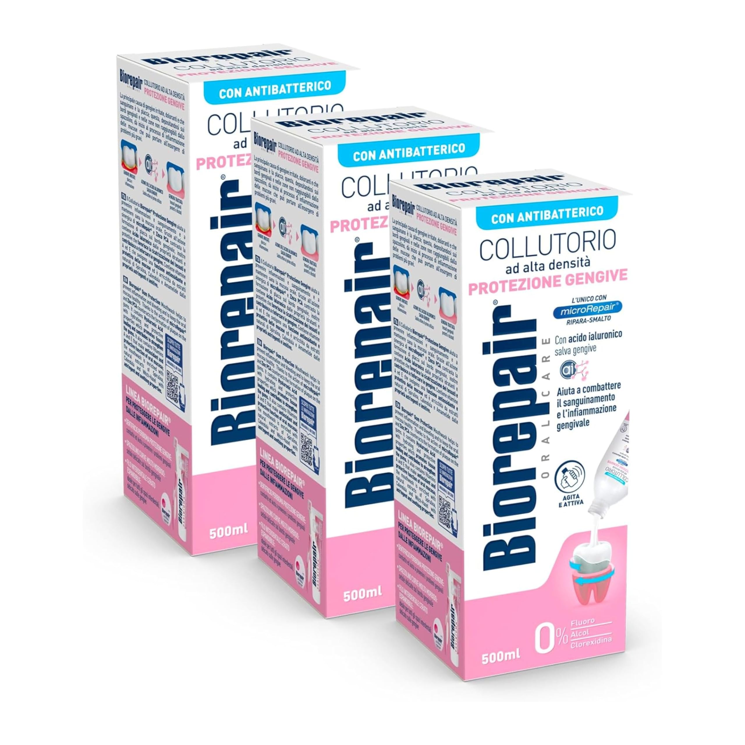 Biorepair, Collutorio ad Alta Densità Protezione Gengive, Combatte il Sanguinamento Gengivale e Parodontite, con Acido Ialuronico e Zinco Antibatterico, Senza Fluoro, Alcool e Clorexidina, 3x500ml