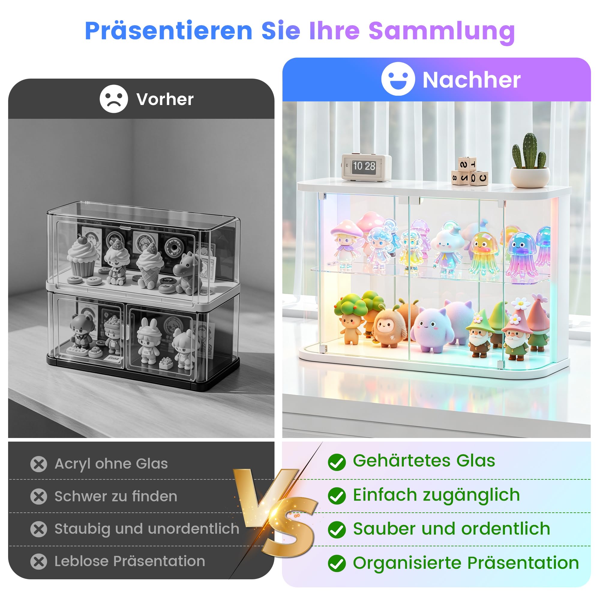 Vlsrka Glasvitrine mit LED Beleuchtung und Glastüren, Glas Vitrinenschrank | Vitrine mit RGB-Licht, Sammlerstücke Präsentieren, Figuren Aufbewahren, Temperglas, Push-to-open, Wohnzimmer Schlafzimmer