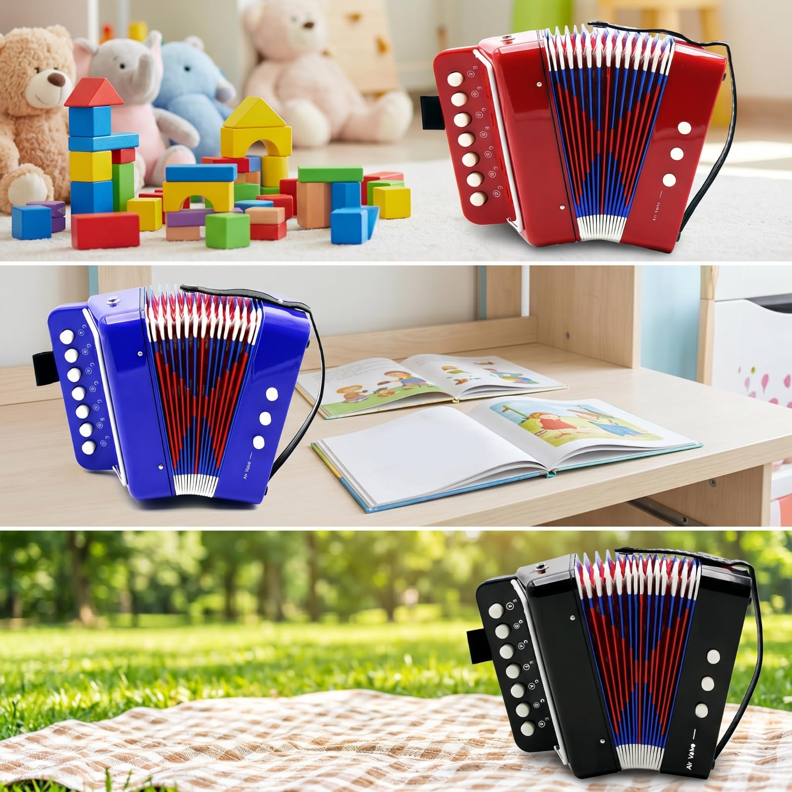 Fisarmonica per Bambini Mini Strumento Giocattolo con 7 Note 2 Bassi Bottoni Portatile in con Tracolla Adatta per Apprendimento Musicale Coordinazione , Nero , Giocattolo