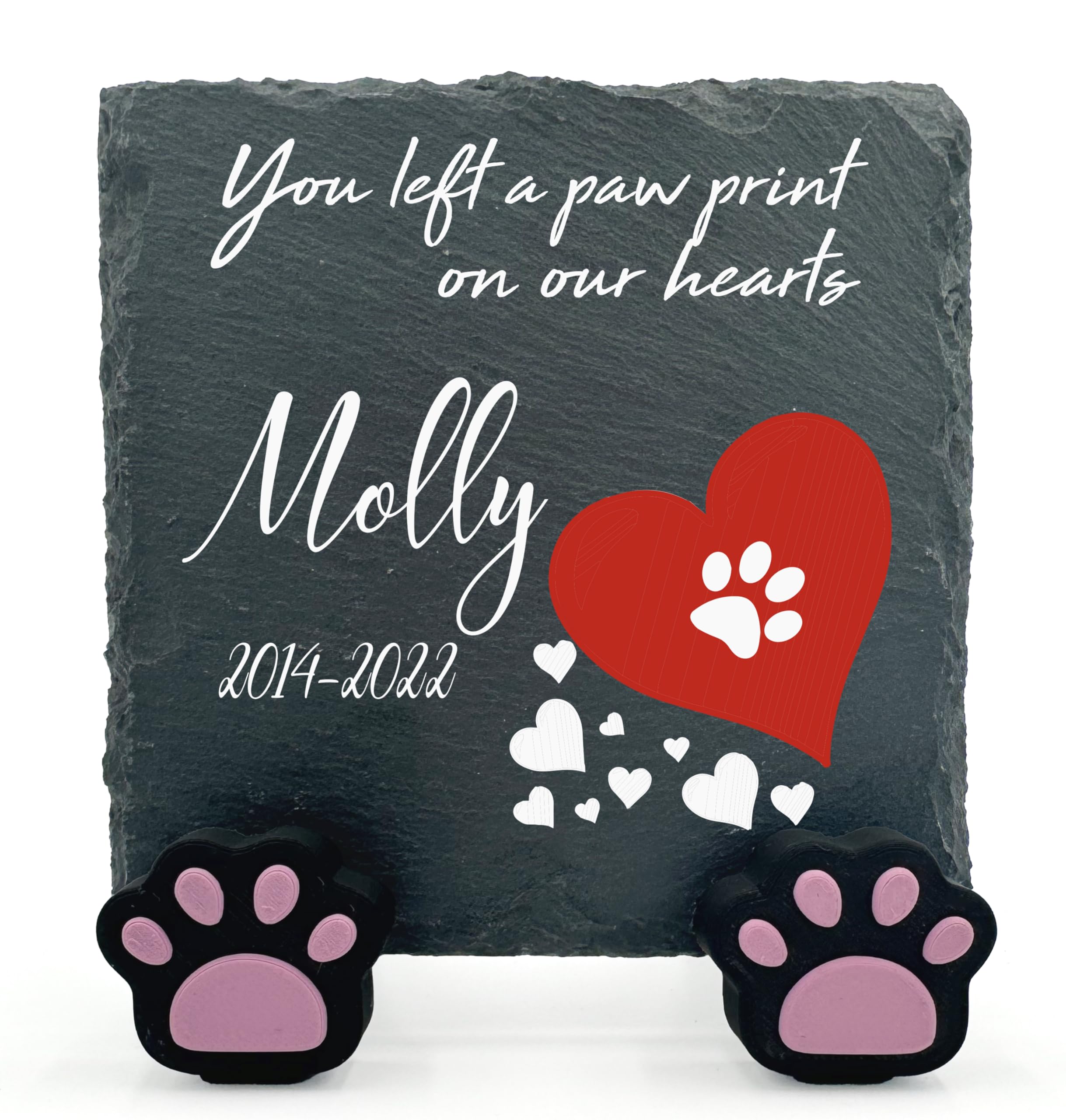 TULLUN Personalised Individual Square Memorial Small Plaque with Paw Stand For Pet Cat Dog Slate Stone Frame Grave Marker - Size 3.94" x 3.94" or 100 x 100 mm - Red Heart