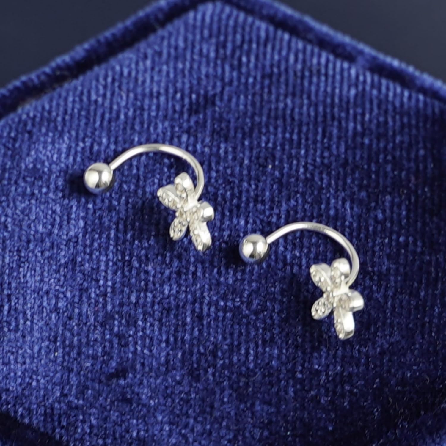 Fine Silver Paved CZ Flower Barbell Bead Ball Screw Back Jacket Earrings