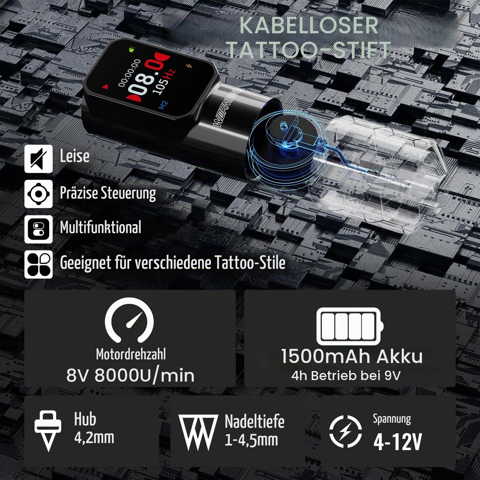 Wormhole Tattoo Maschine Set – Kabelloses Tattoo Set mit Tattoo Maschine, Jump-Start & Dotwork Modus, 1500mAh Akku, 20 Tattoo Nadeln, 10 Tattoo Farben – Komplett Tattoo Stifte Set für Anfänger