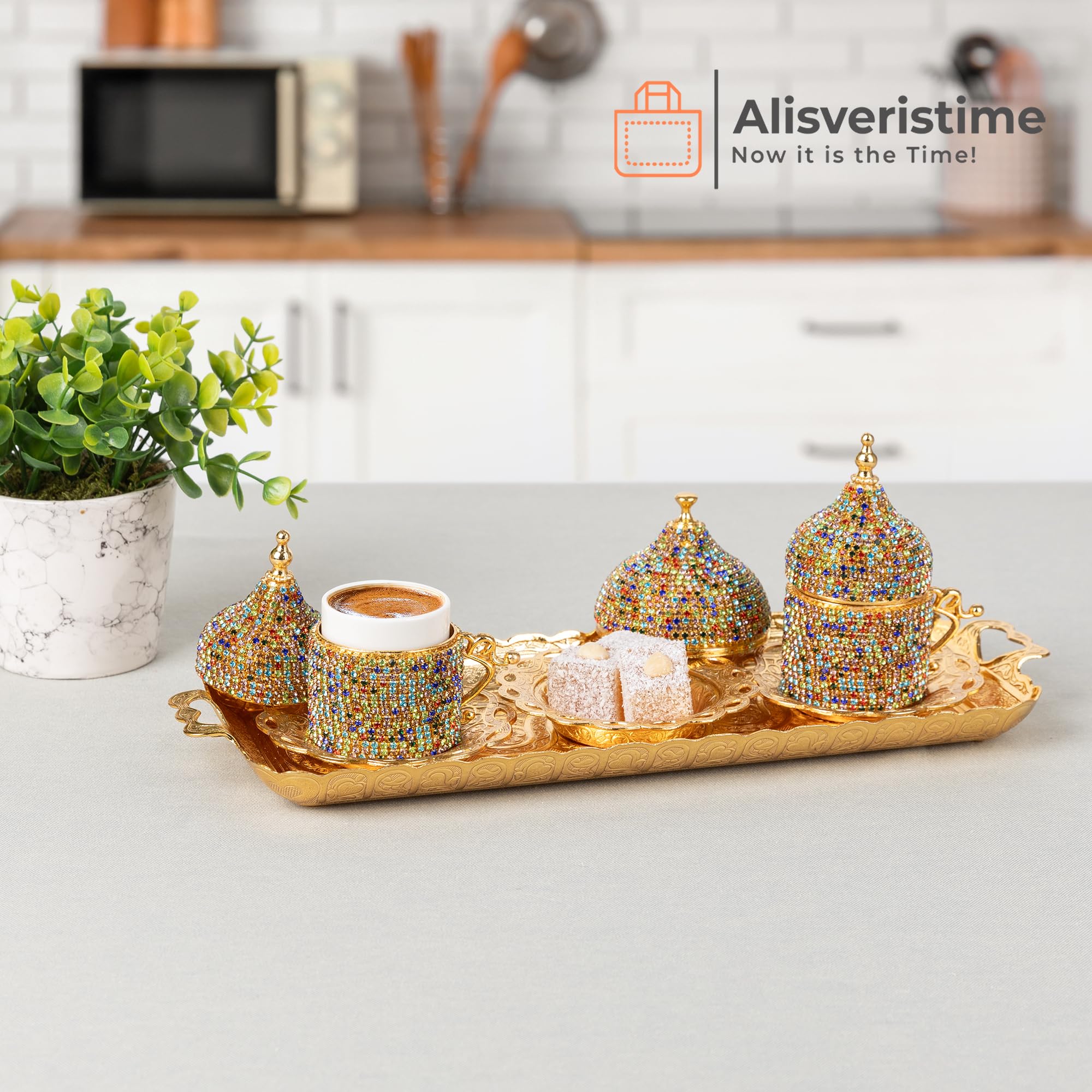 Alisveristime Ottoman Turkish Greek Arabic Espresso Coffee Cups with Saucer and Lid (Crystal Set) (Set of 2) (Mix)