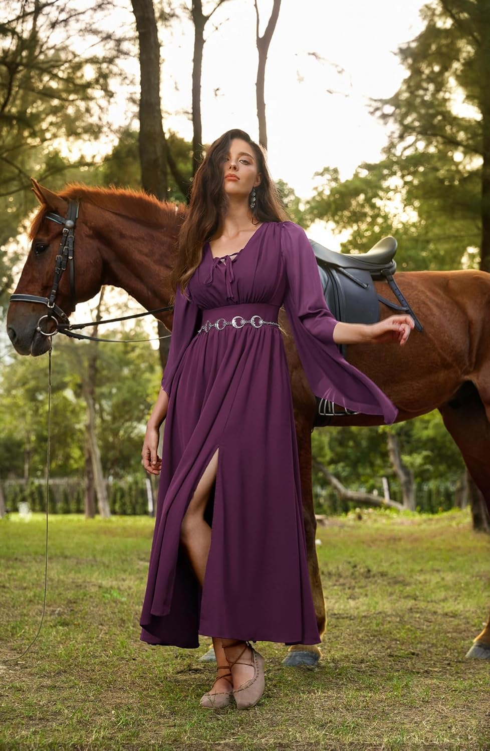 SCARLET DARKNESS Renaissance Dress Women Bell Sleeve Fairy Dresses Witch Costume Split Maxi Dress with Pockets - Image 3