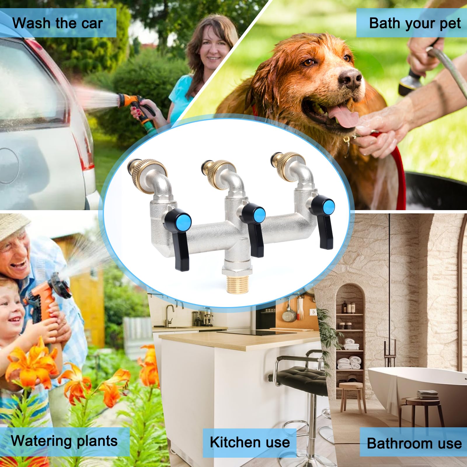 1/2 Zoll 3-Wege Auslaufhahn,Verlängerter Griff(Metall), Messing Wasserverteiler mit 3/4 Zoll BSP Gartenschlauch Wasserhahn-Anschluss, 3-Wege Wasserhahn für Waschmaschine, Regentonne