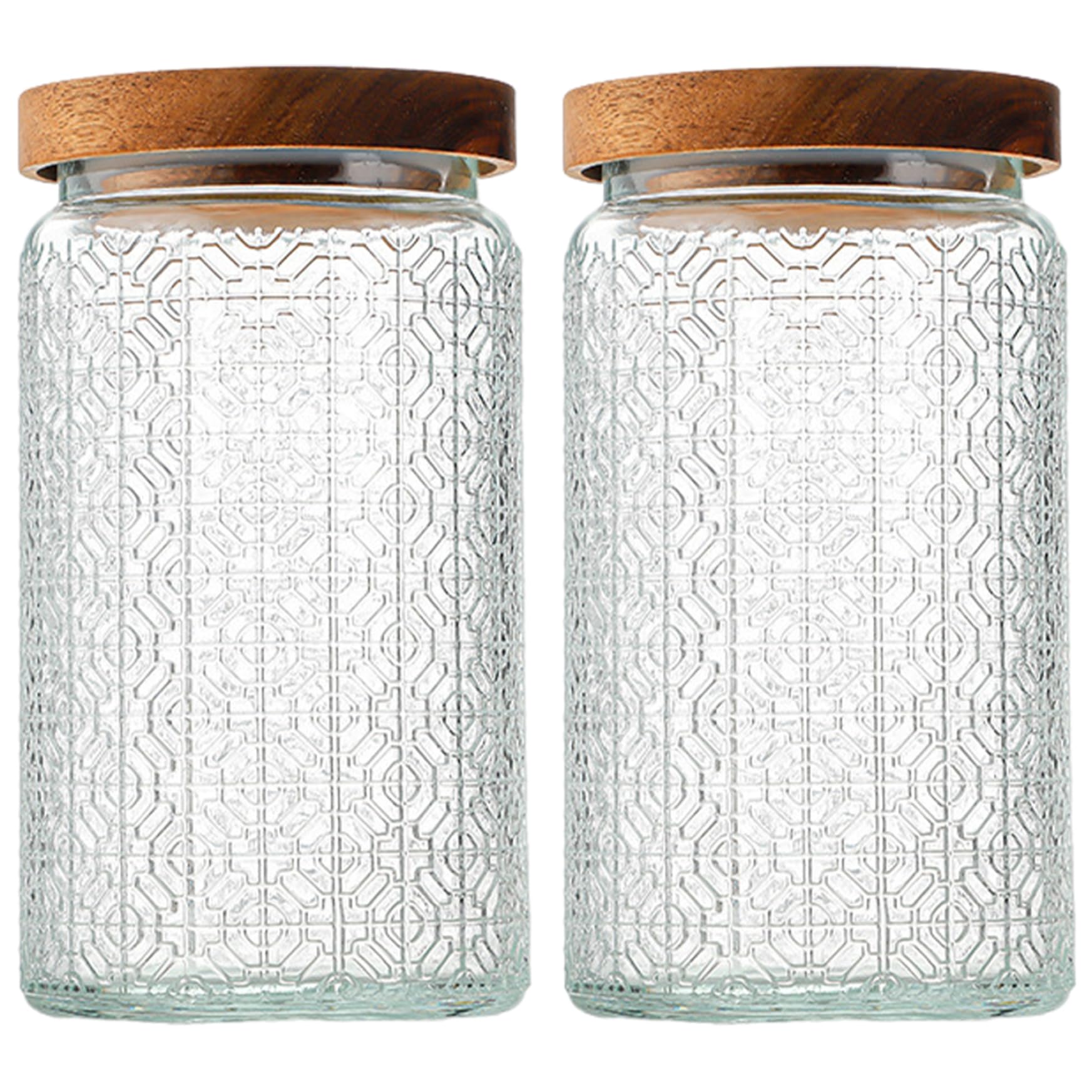 Gcroet 1000Ml 2Pcs Glass Food Storage Jars 7X4 Glass Food Storage With Sealed Wooden Lid & Exquisite Patterns Kitchen Containers For Cereal, Pasta, Sugar, Beans,