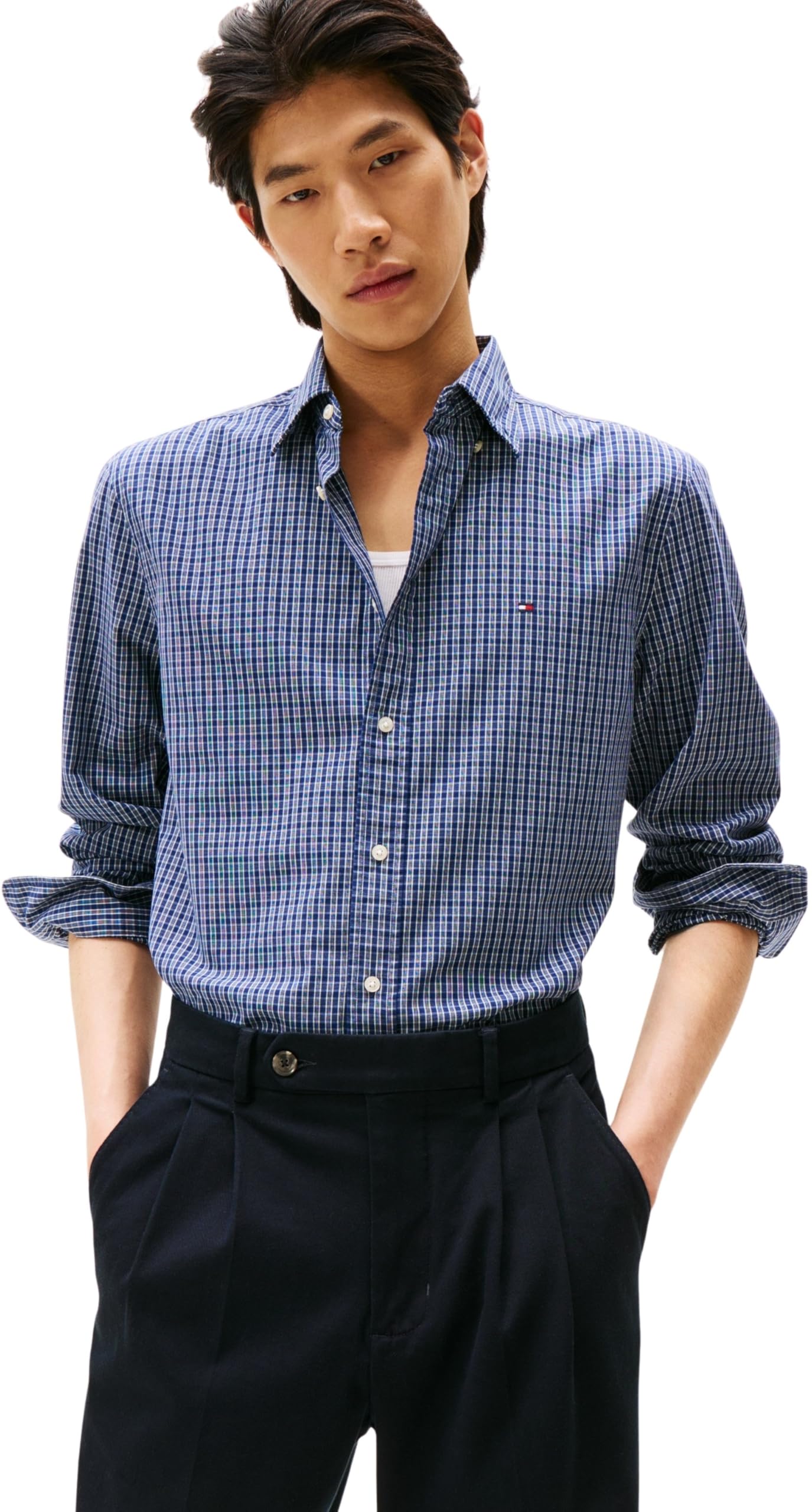 Tommy Hilfiger Uomo Camicia Flex Poplin Mini Tartan Shirt con Colletto a Punta