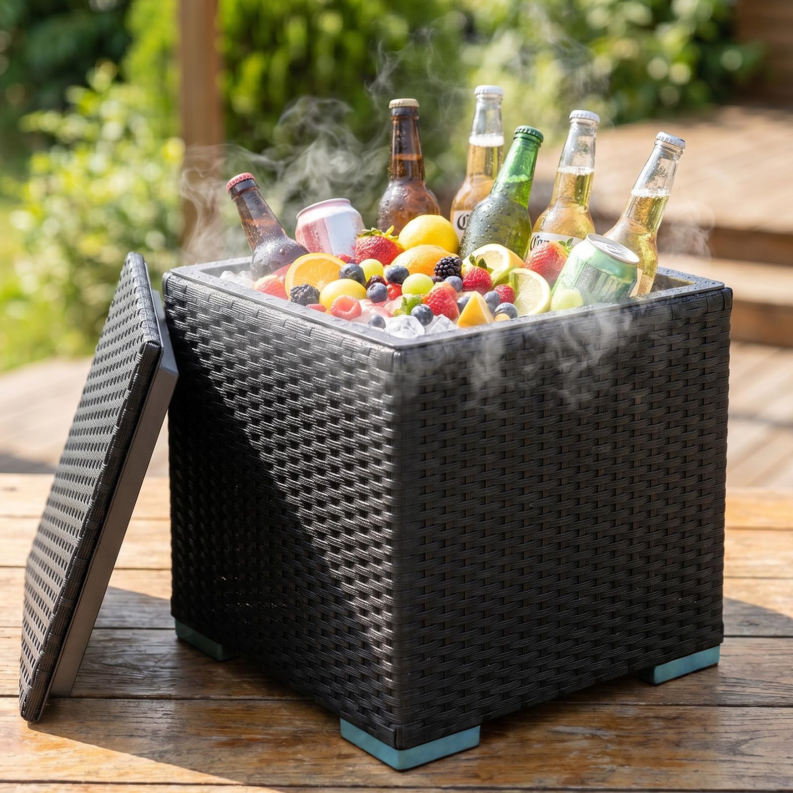 Verdego Lodówka kempingowa 40 l, duża, 43 x 43 x 43 cm, wygląd rattanu PE, podwójne ścianki z wkładką stalową, fajne pudełko może służyć jako stół i taboret, idealna na imprezy grillowe, piknik