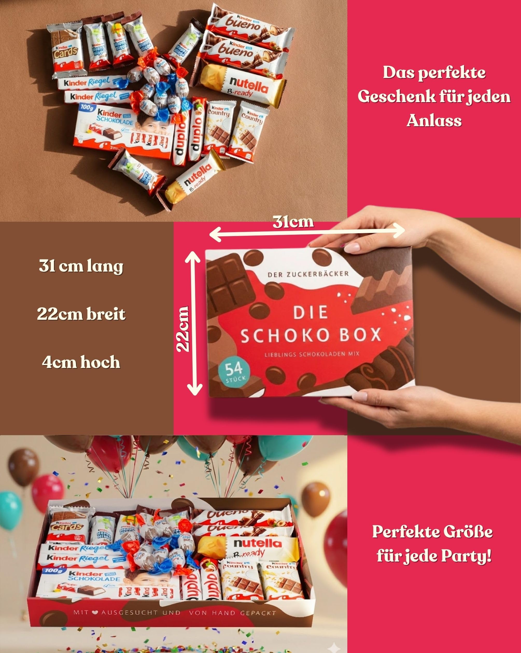 Süßigkeiten Box mit Kinderschokolade - Genussmomente von Der Zuckerbäcker, Premium Schokoladen Mix mit Bueno, Kinder Schokolade und Kinder Country, 54 Teile als Geschenk für Party und Geburtstag