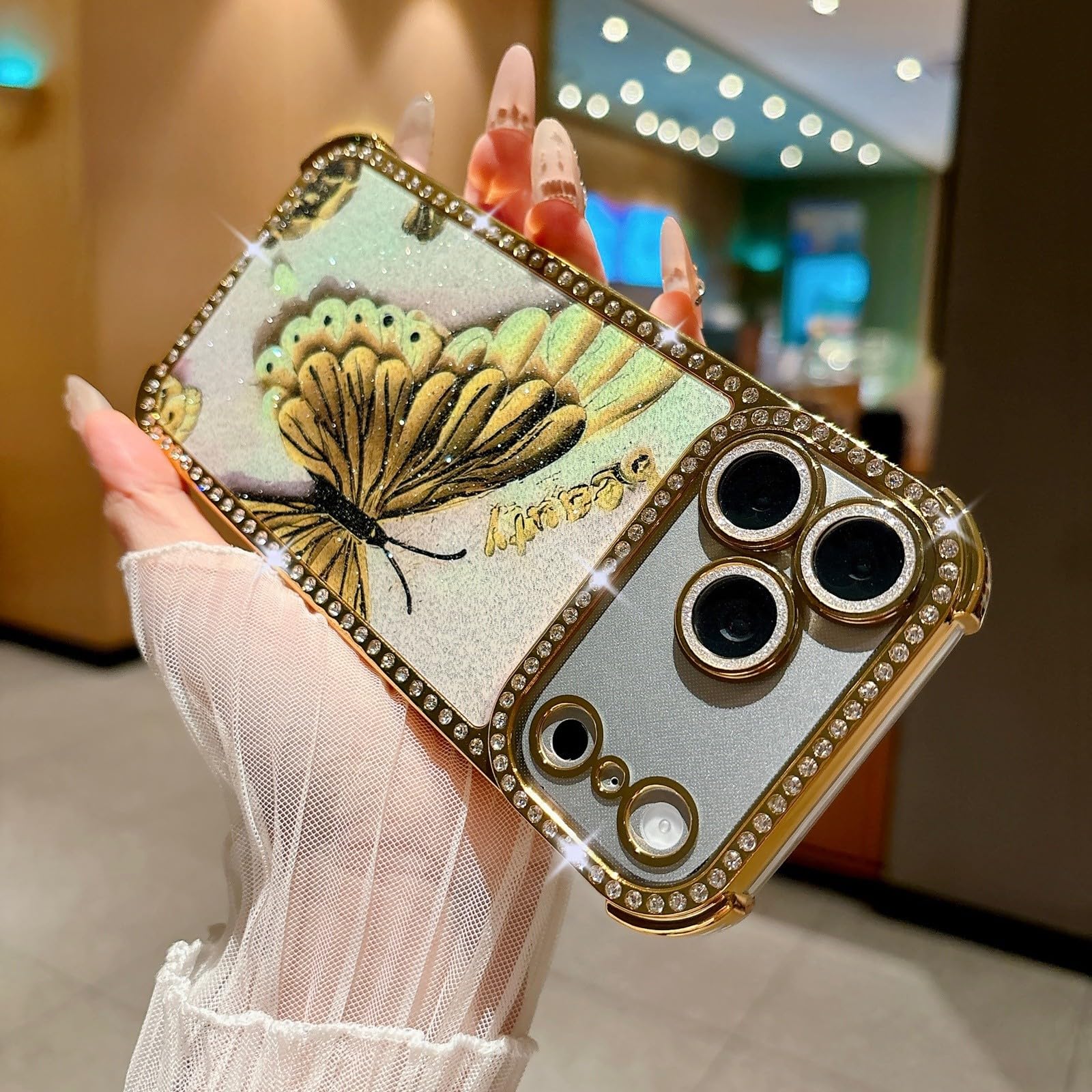 Generic Funda compatible con iPhone 14 Pro Max (patrón: mariposa dorada), funda de silicona dura con purpurina para lente de cámara