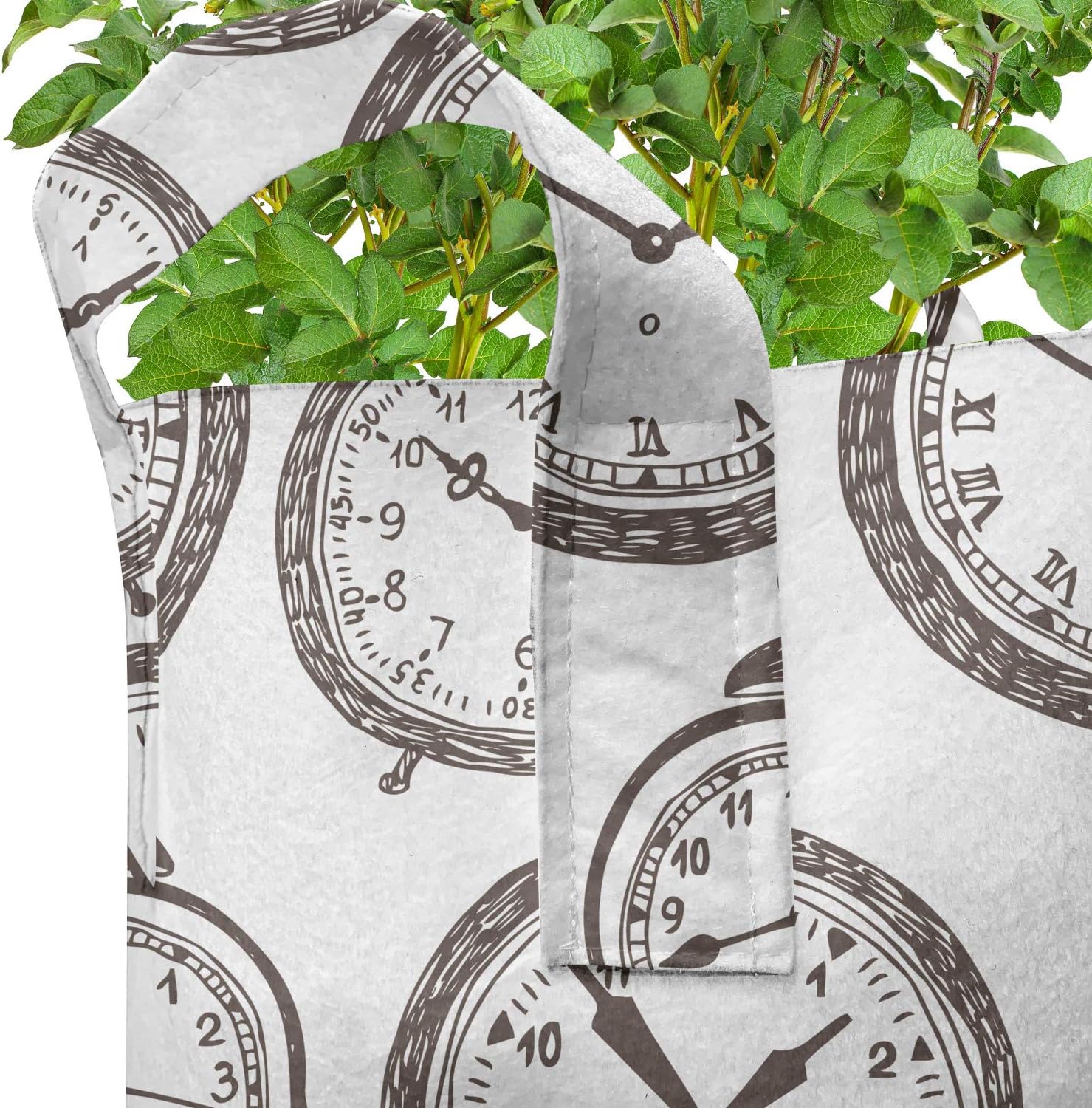 Lunarable Clock Grow Bags 5-Pack, Antique Pocket Watches Sketch, Heavyduty Fabric Pots with Handles for Plants, 7 Gallon, Brown White