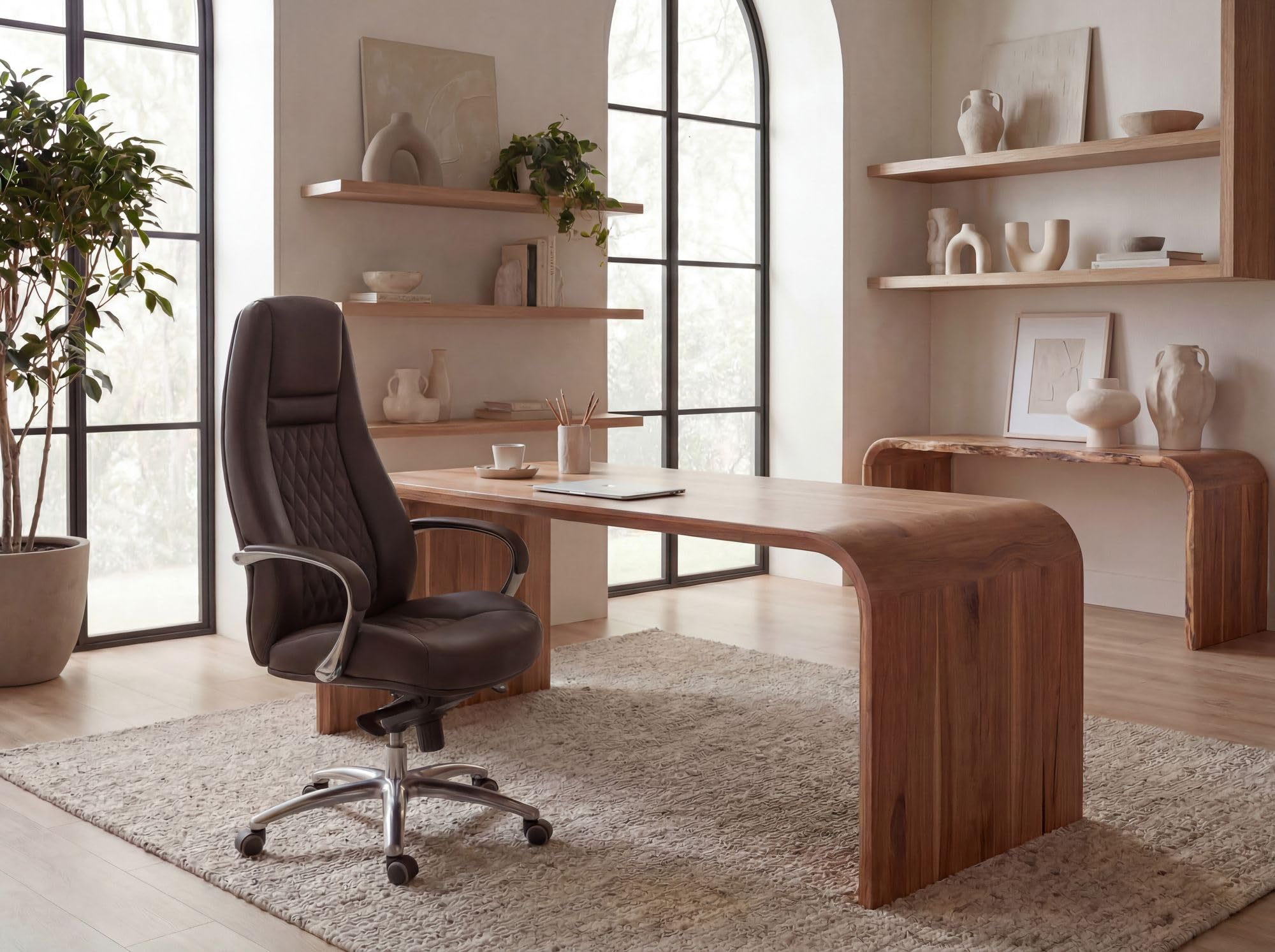 FineBuy Sedia Ufficio Vera Pelle Marrone Poltrona Scrivania Ergonomica | Design Sedia con Ruote & Braccioli | Sedia Girevole Imbottita Studio