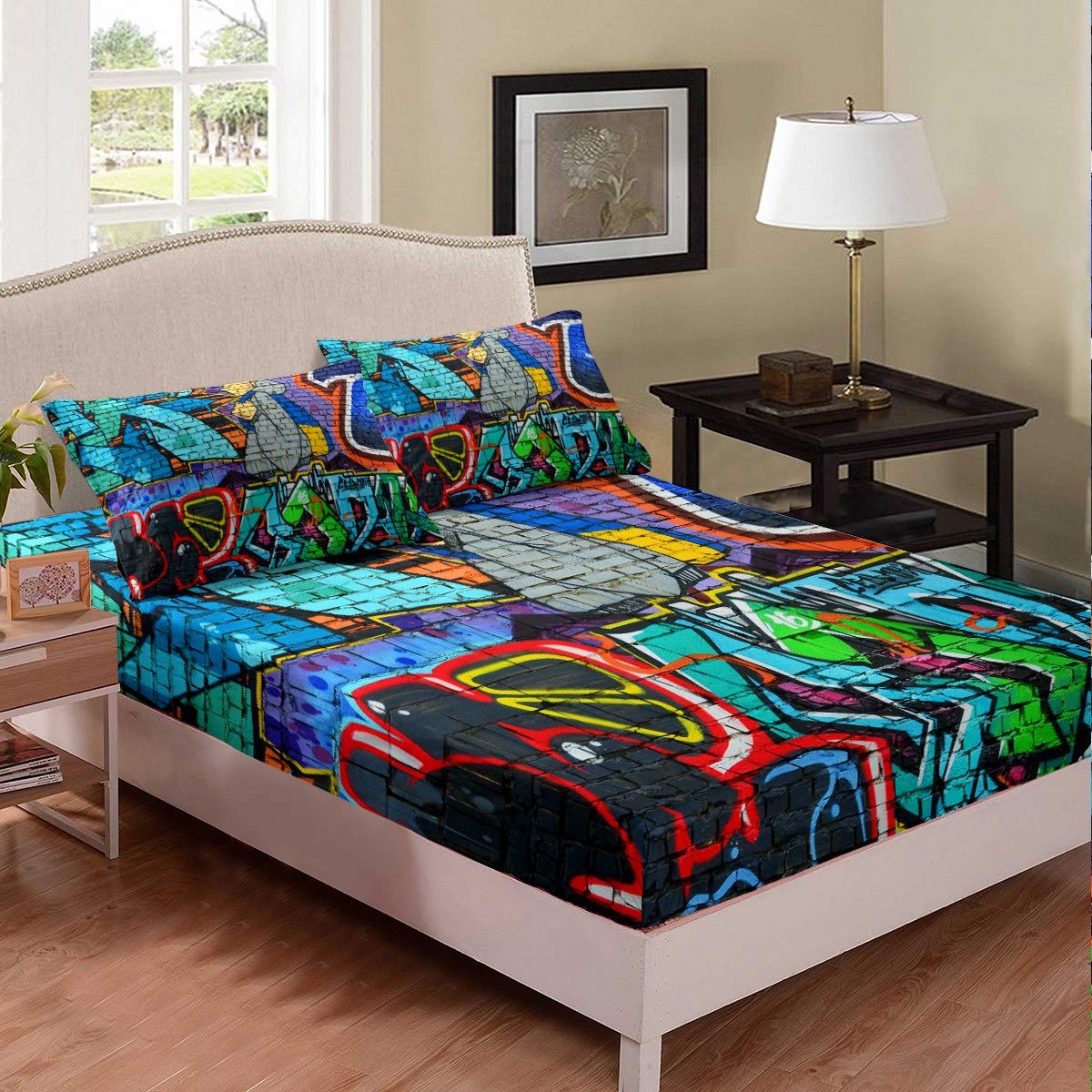 Hippie Graffiti Style Fitted Sheet Hip Hop Decor Bedding Set Young Man Graffiti Pattern Bed Sheet Cover for Boys Girls Teens Wall Graffiti Art Bed Cover Single Size With 1 Pillow Case