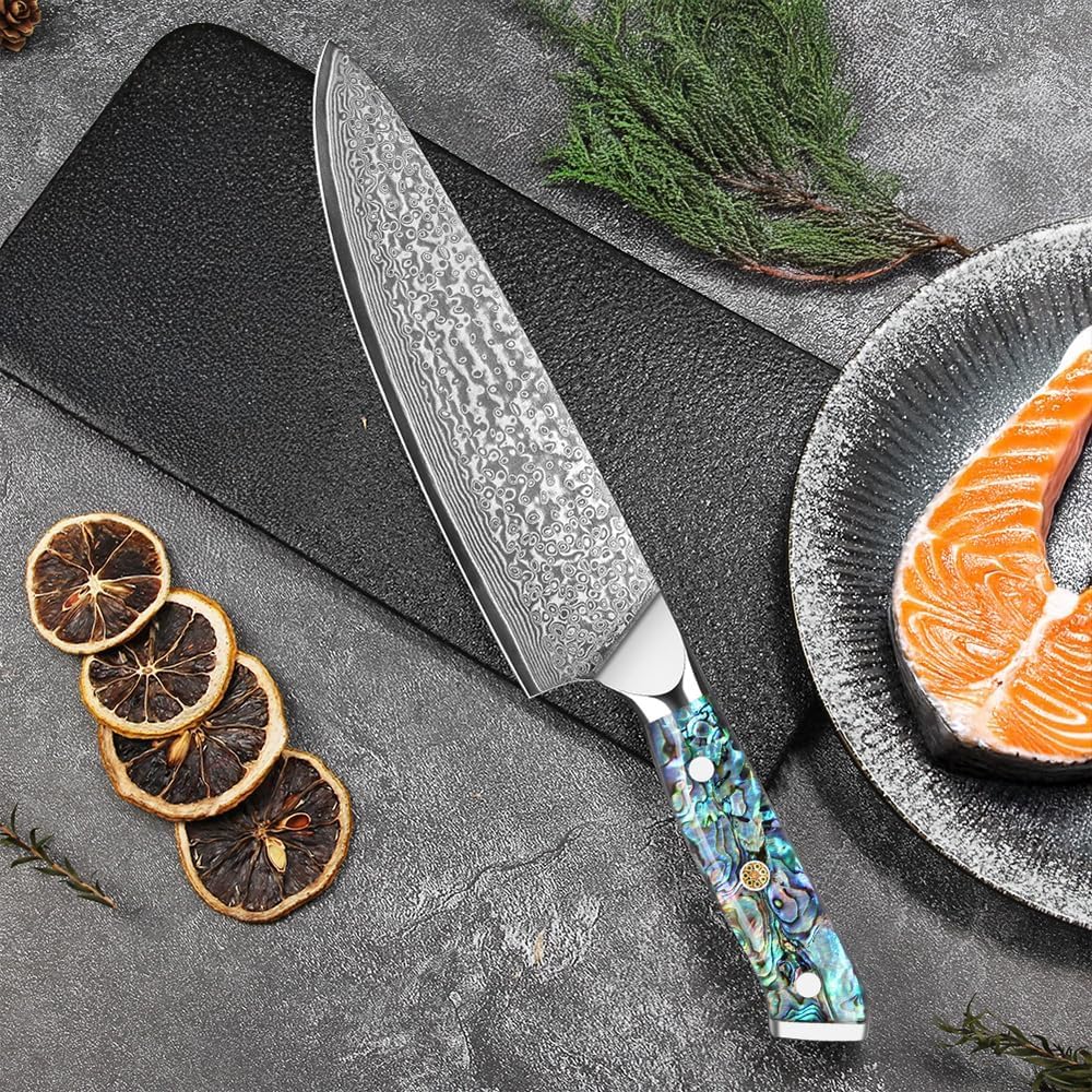 Generisch Couteau de Chef Professionnel en Acier Damas 20 cm, 67 Couches VG-10, Manche en Nacre d’Ormeau, Couteau Cuisine Extrêmement Tranchant pour Viande, Légumes et Fruits, Boîte Cadeau Incluse