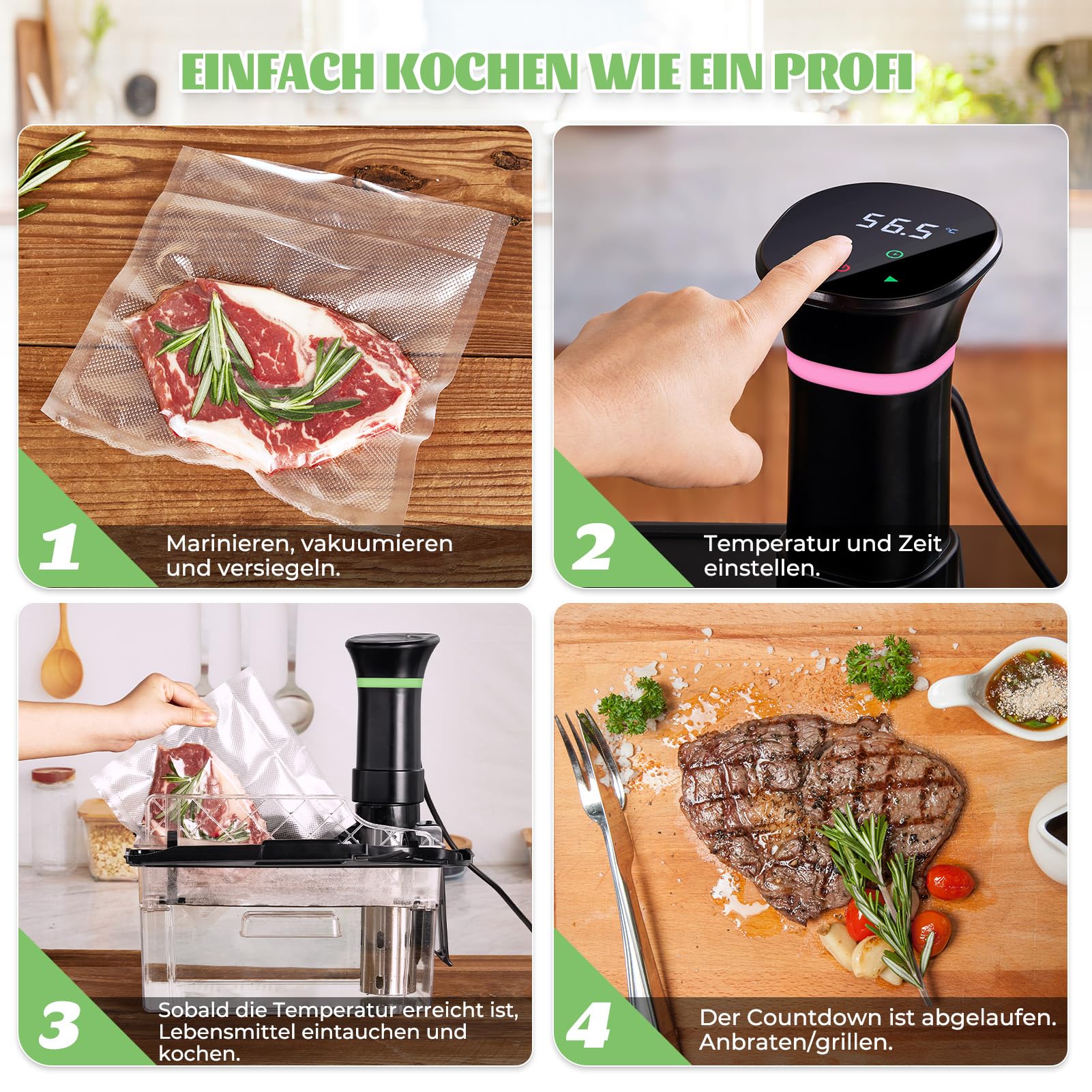 Sous Vide Garer Sous Vide Stick mit LCD Touchdisplay Eintauchthermostat Timer Sous-Vide Garer 1000W für Behälter bis 25-92,5℃ Slow Cooker 360° Präzisionskochtopf Immersion Zirkulation
