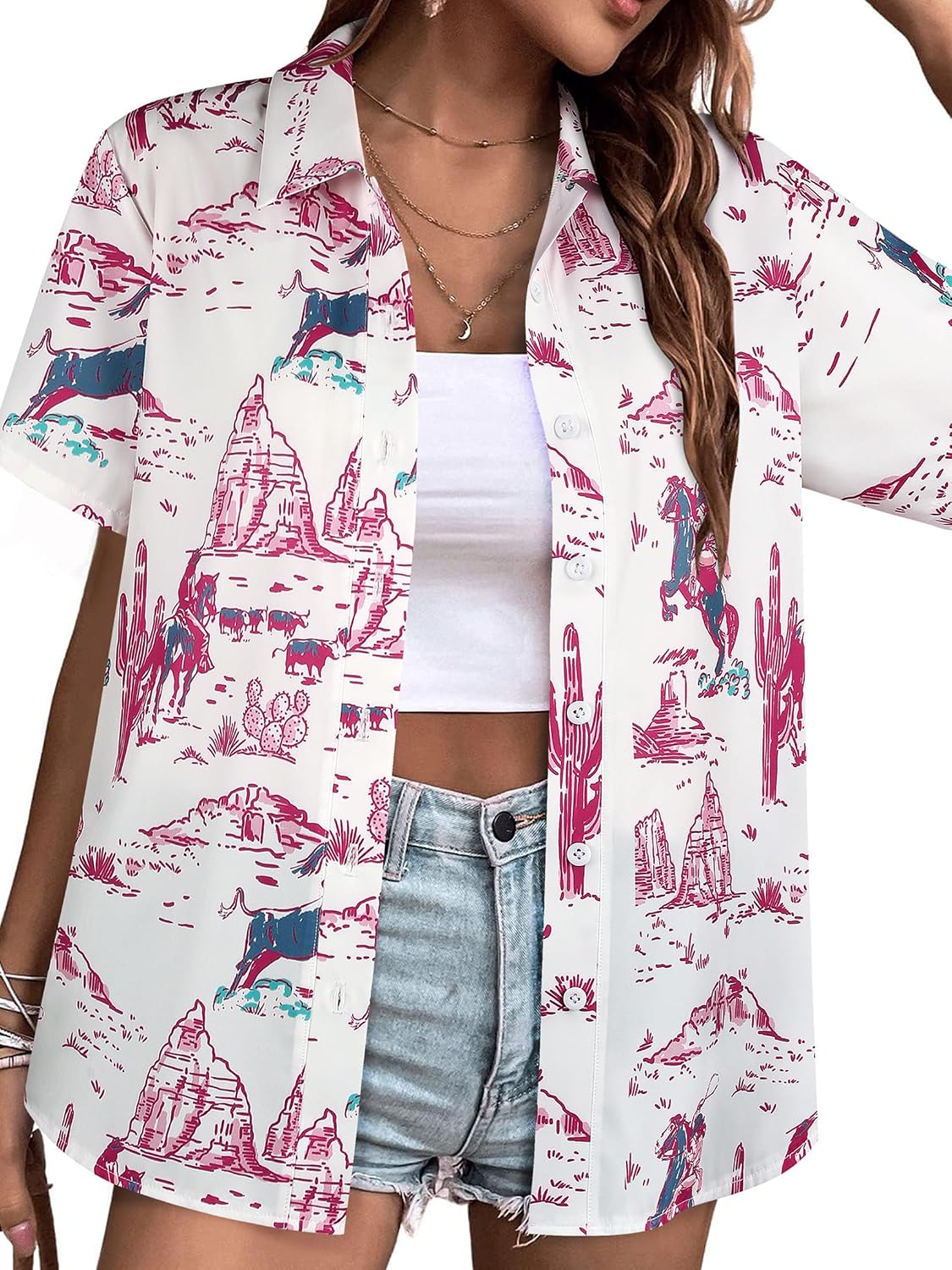 MYMORE Women's Western Cowgirl Button Up Shirt Vintage Print Short Sleeve Hawaiian Shirt Top Cute Country Concert Outfit