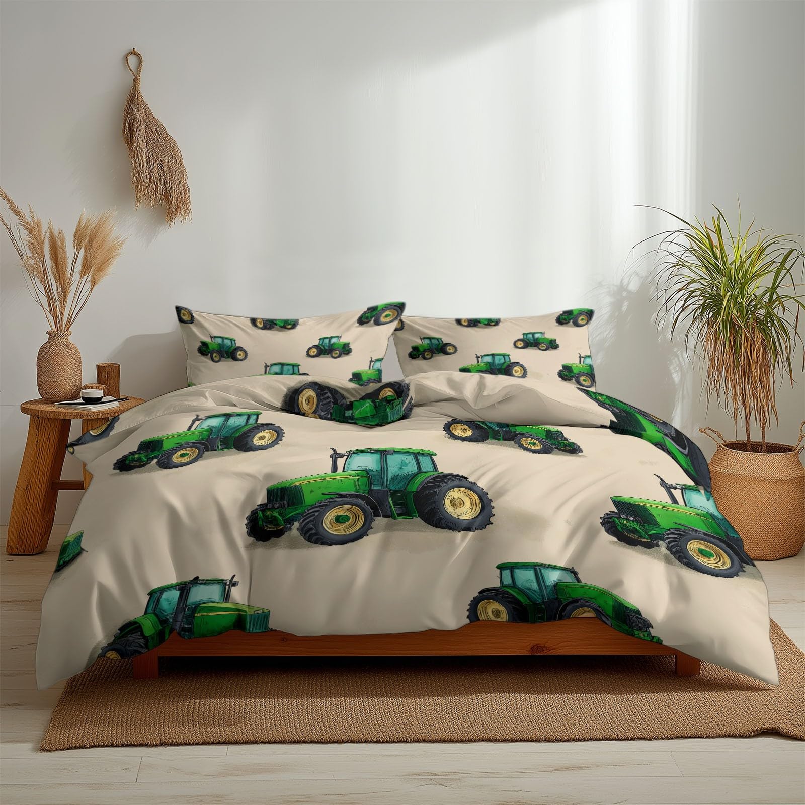 Juego de Funda Nórdica 3 Piezas para Cama 105 - Funda Edredón Reversible 180x220 cm Tractor Verde De Dibujos Animados, Ropa de Cama Beige para Cama Individual y Matrimonio