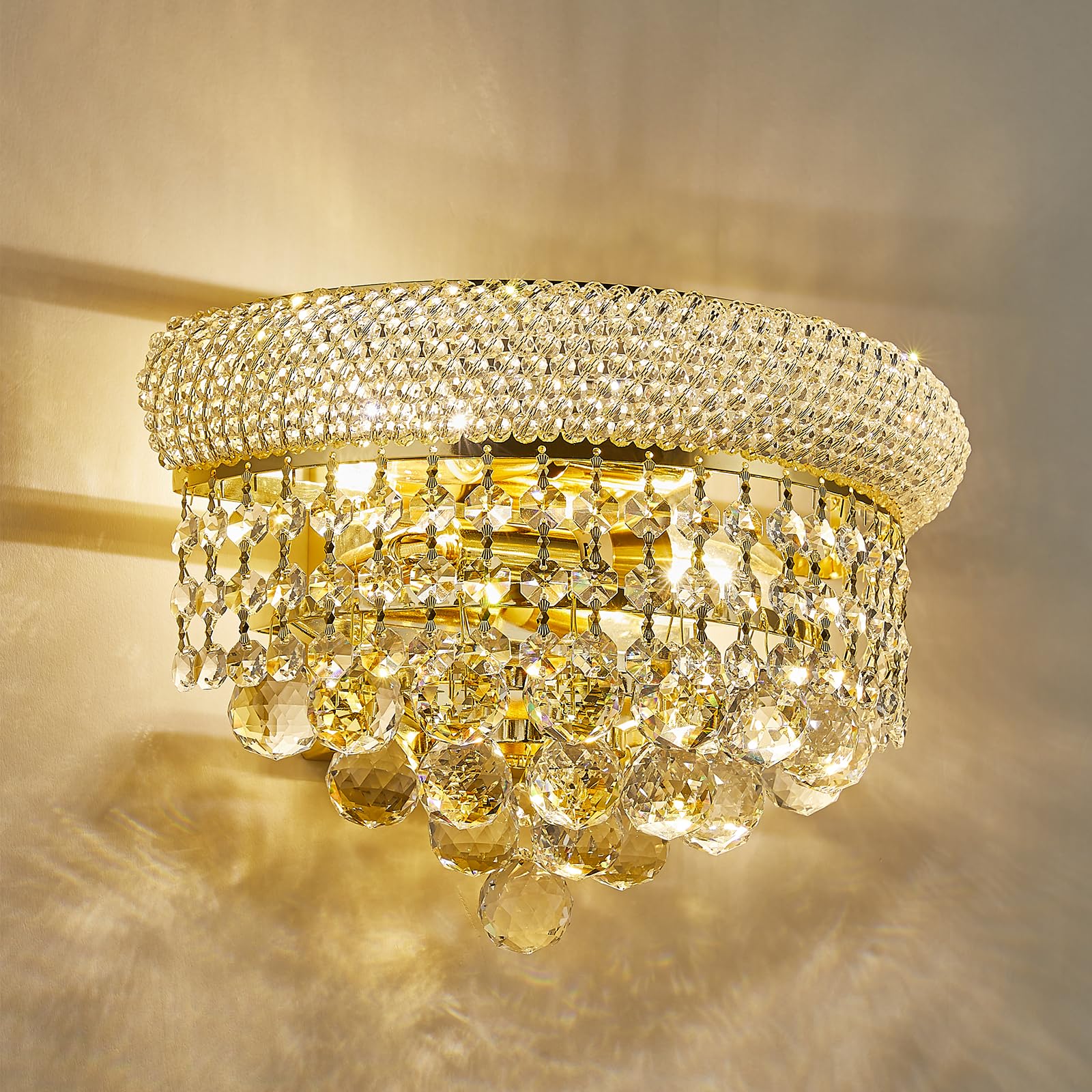 2-Lights Empire Crystal Wall Sconce Light for Living Room Dining Room Bathroom Vanity Mirrors Hallway Bedroom Closet Stairway (Gold)