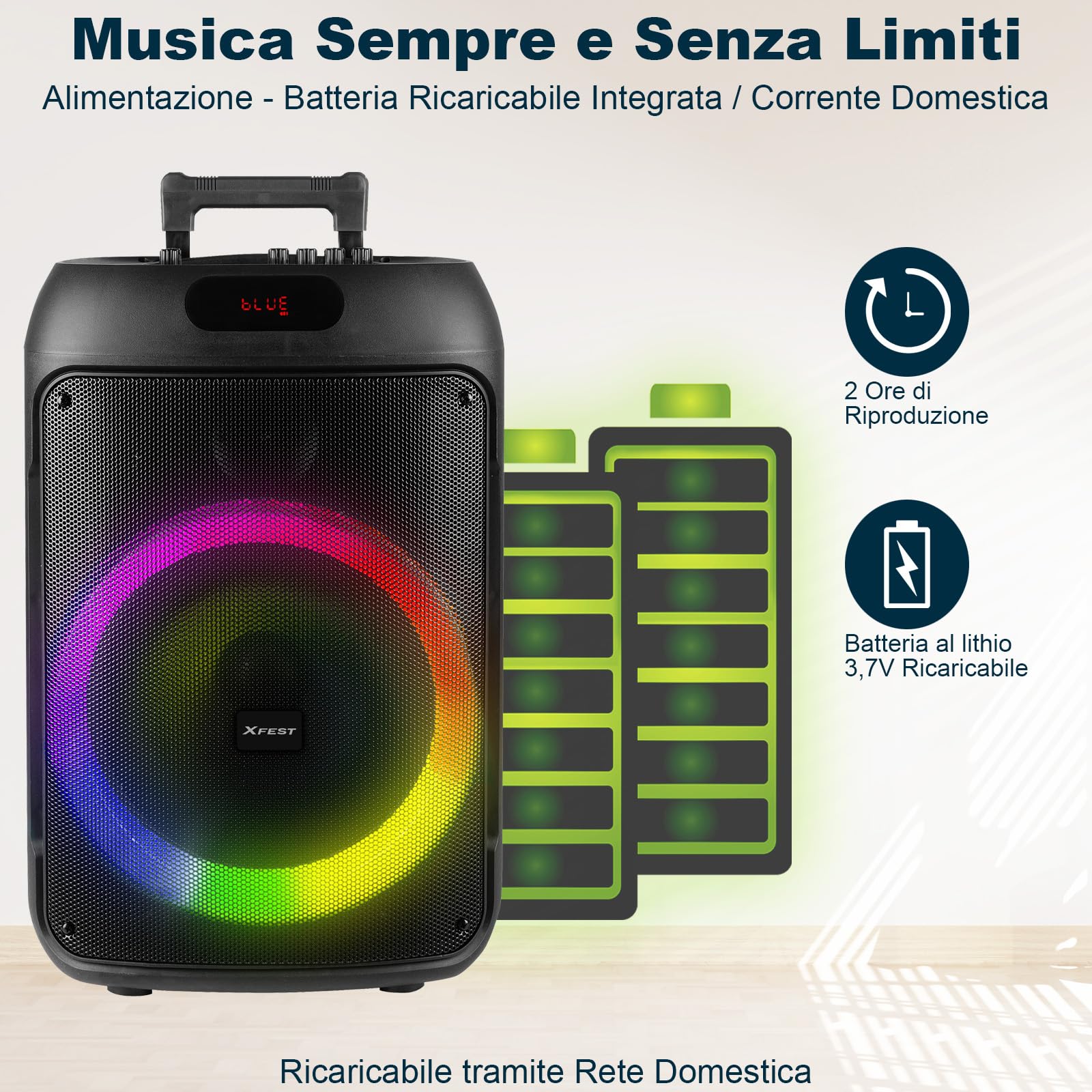 Trevi XFest XF 380 KB Speaker Wireless 50W, Altoparlante Portatile con Microfono Con Cavo Incluso, Ingressi USB, Micro SD, AUX-IN, Funzione TWS, Karaoke Party Speaker con Batteria Integrata