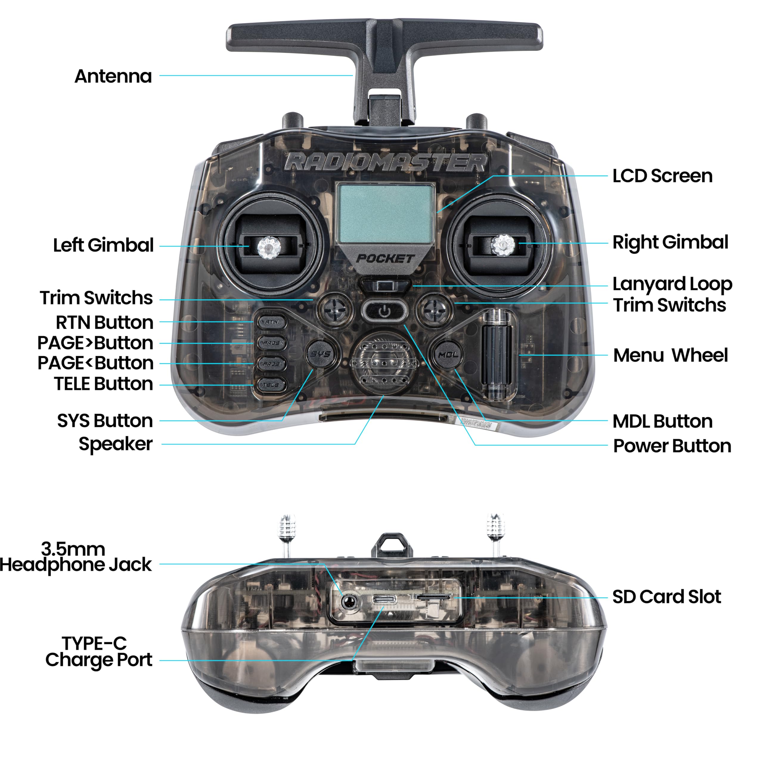 Radiomaster Pocket ELRS Remote Controller Portable Hall Gimbal EdgeTX Transmitter with LED Light for FPV Drone/RC Helicopter&Car Boats&Multirotor (Black)